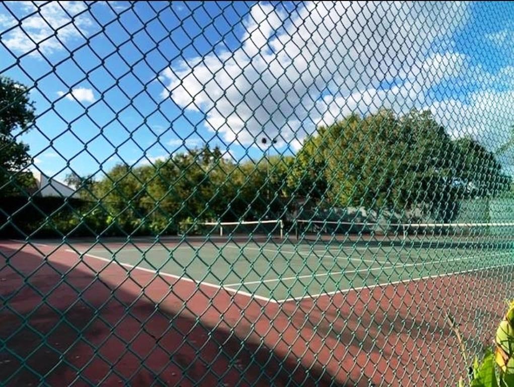This photo shows a fenced-in tennis court surrounded by greenery, under a clear blue sky with a few clouds.