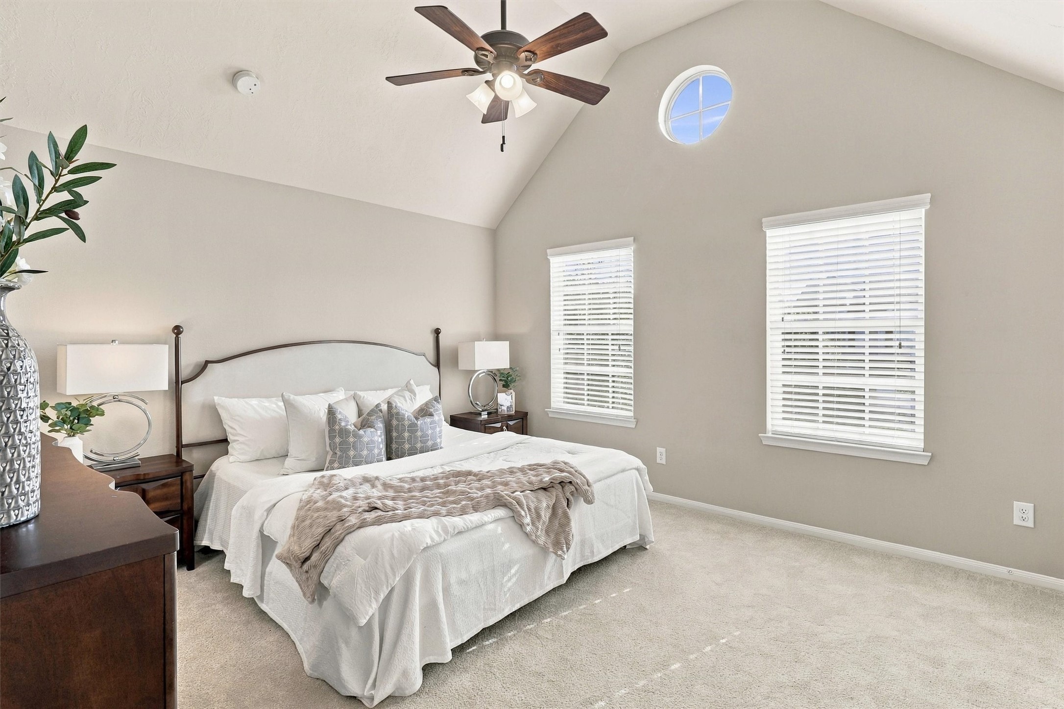This view highlights the scale of the space. There is plenty of room for your king-size bed, 2 nightstands and dressers.  The vaulted ceilings create an open and inviting feel.