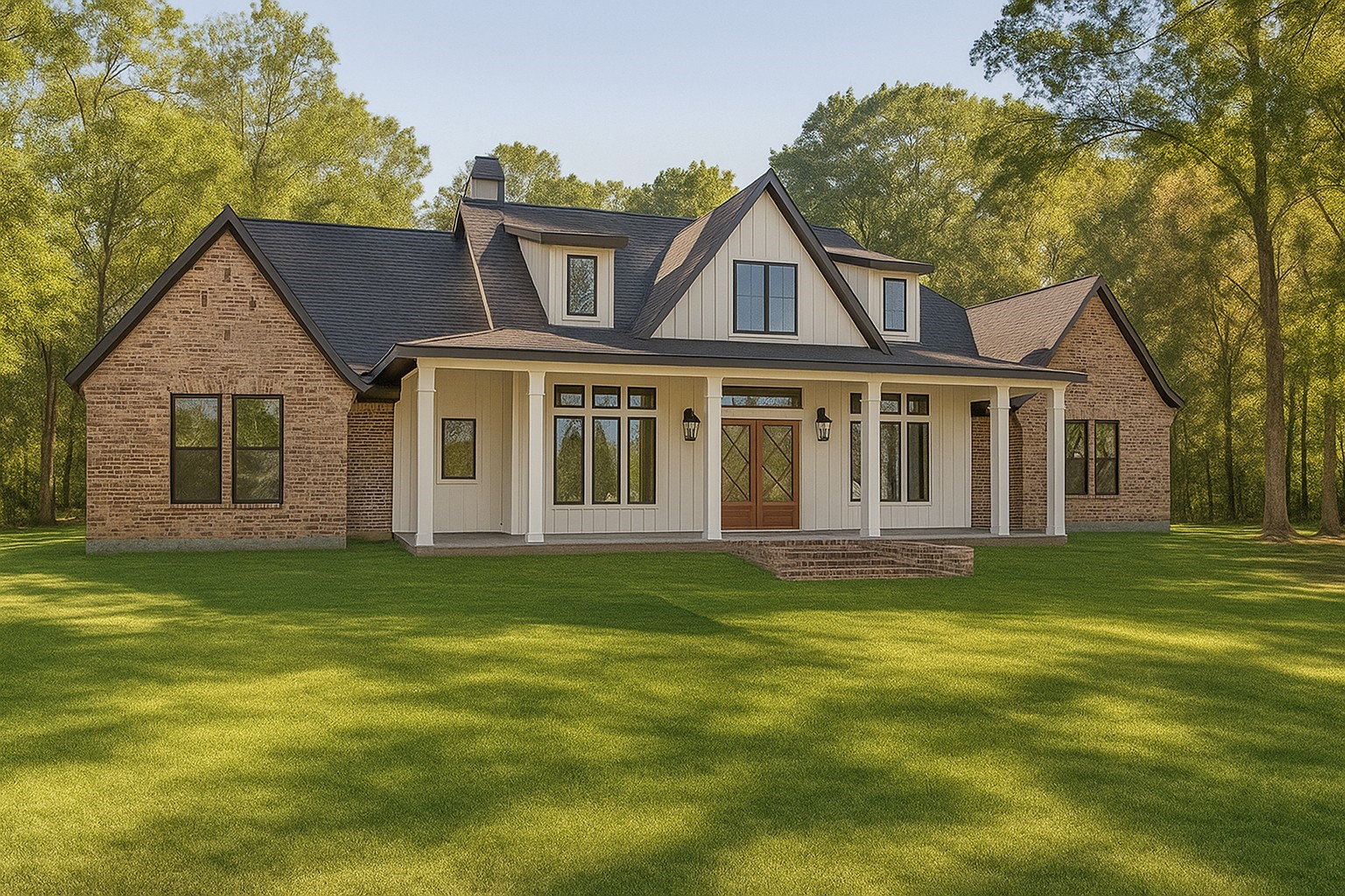 Imagine your custom dream home on this beautiful 3.43-acre homesite in White Oak Trails, Dayton, TX. This AI rendering showcases one of the many possibilities for building your own luxury country home surrounded by mature trees and peaceful acreage.