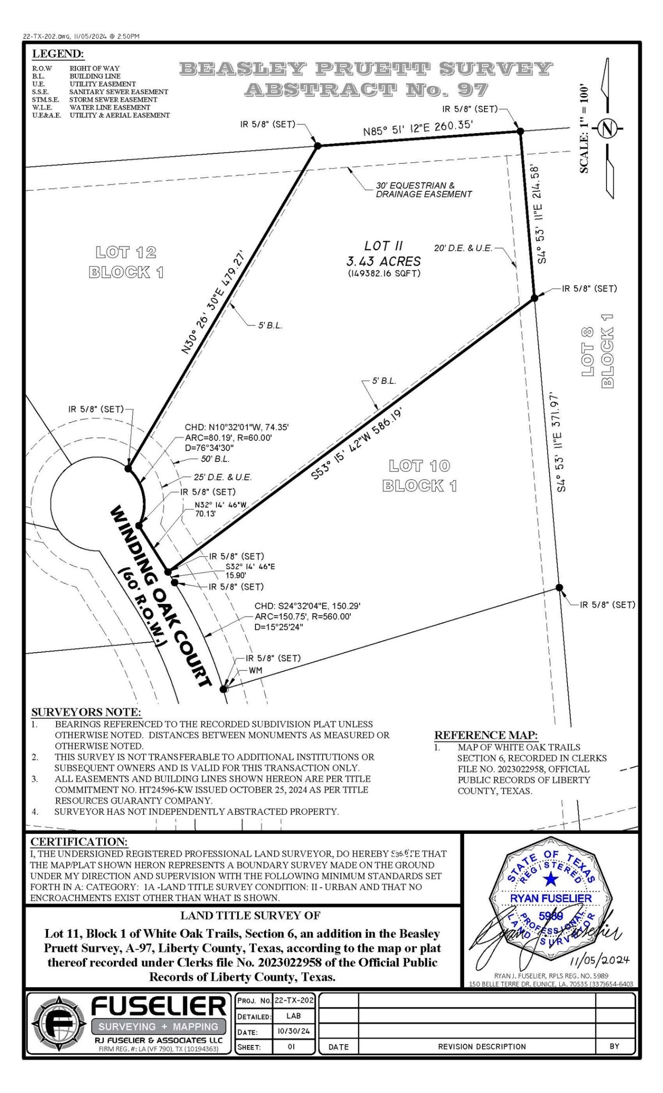 This is a survey map for Lot 11, Block 1 in the Beasley Pruett Survey, Abstract No. 97, located in Liberty County, Texas. The lot is 3.43 acres with designated easements for equestrian and drainage. The document includes detailed boundary measurements and surveyor certification.