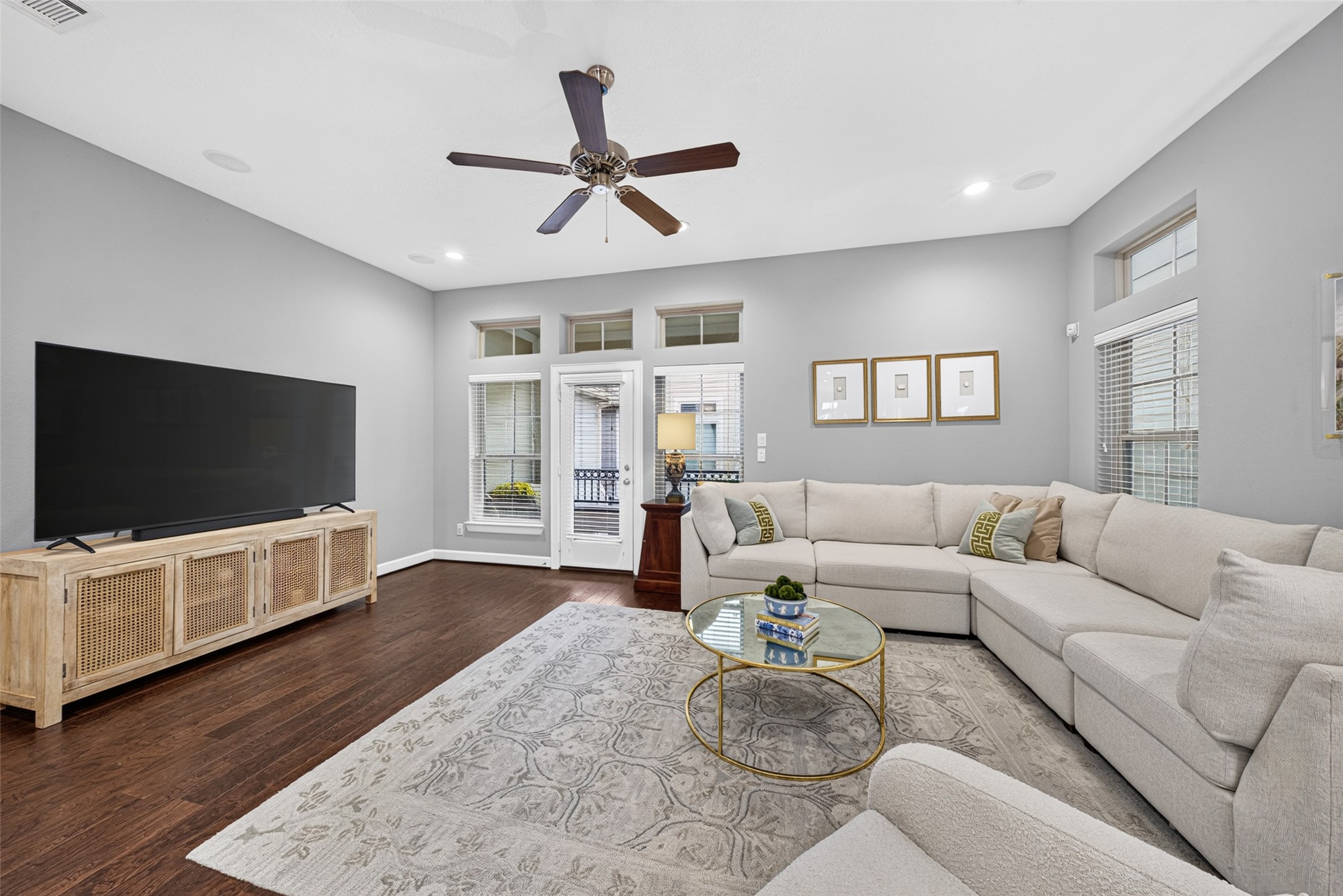 The indoor space flows beautifully into the outdoor balcony.