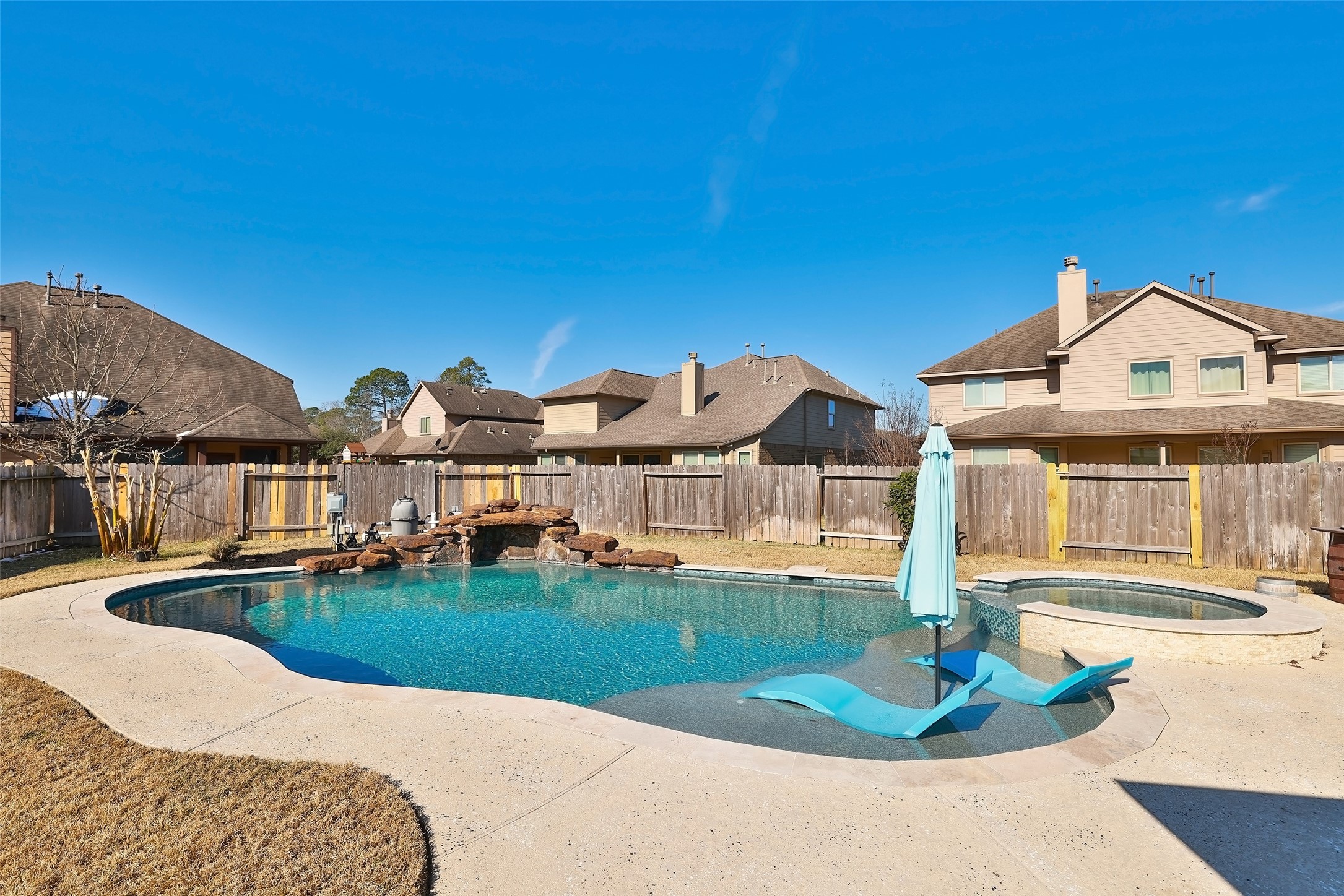 Very large pool with waterfall and hot tub built in 2020