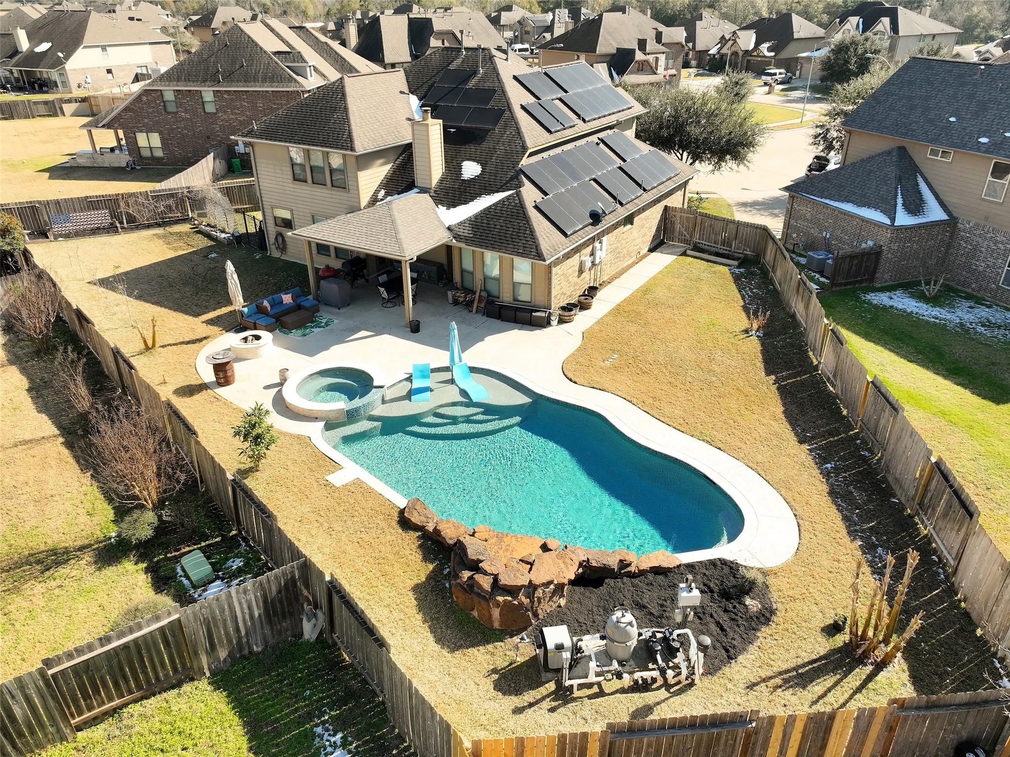 Oversized lot on cul de sac with fenced side yard for dogs. Pool, hot tub, fire pit, and covered patio built in 2020.