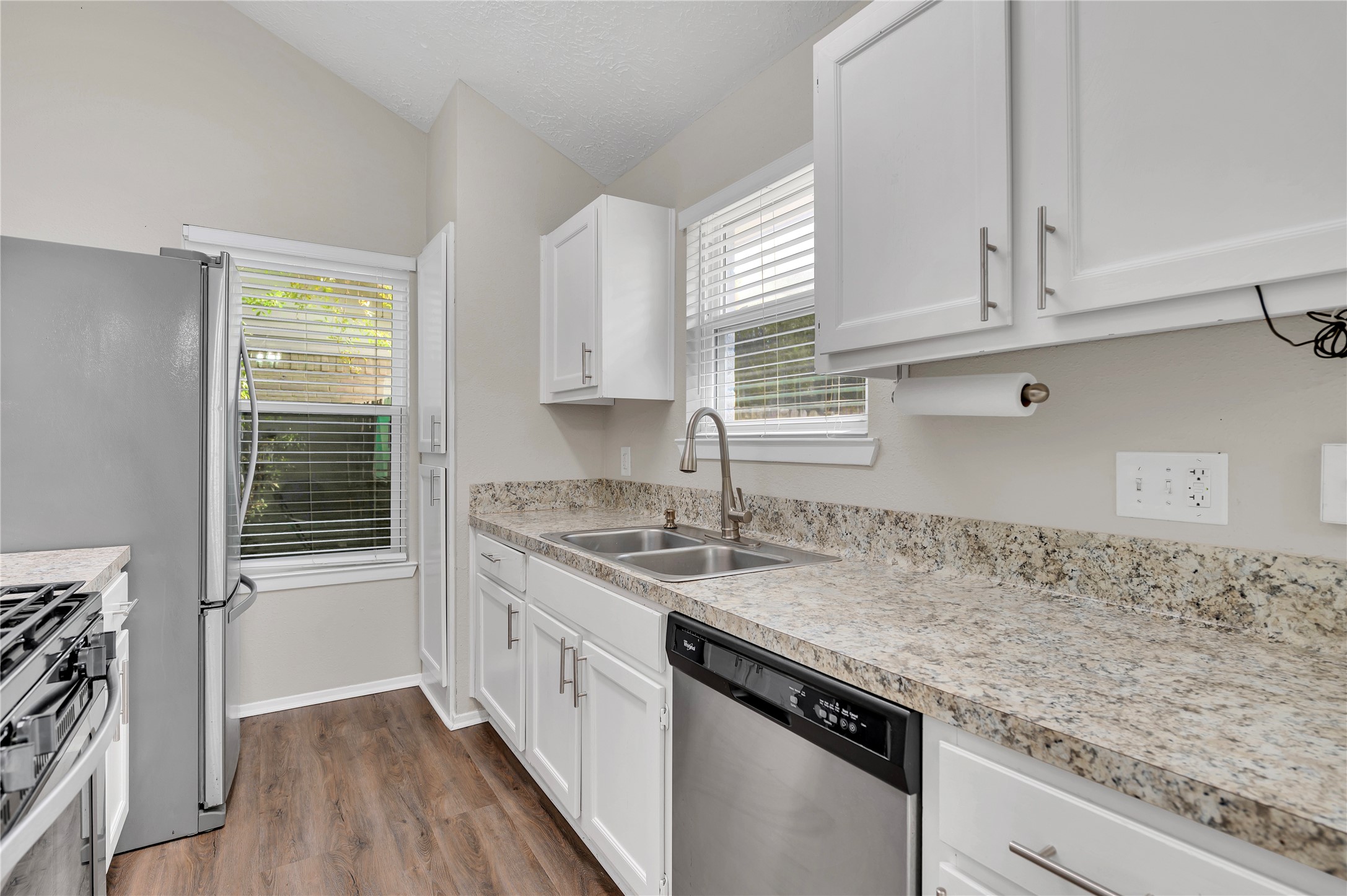 Great counter to space and a stainless steel double sink.