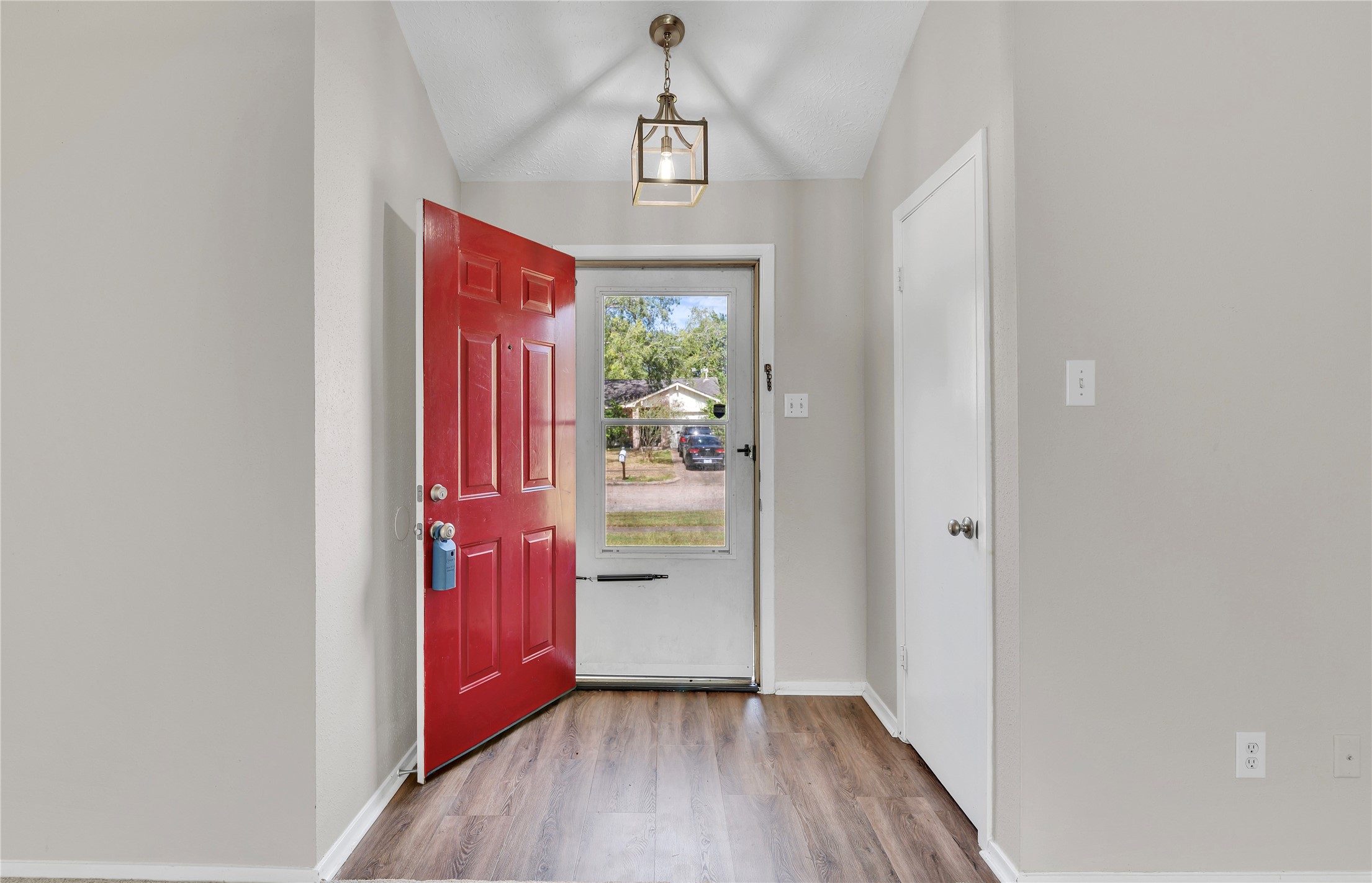 Entryway with storm door and hanging light fixture. Vinyl plank flooring.
