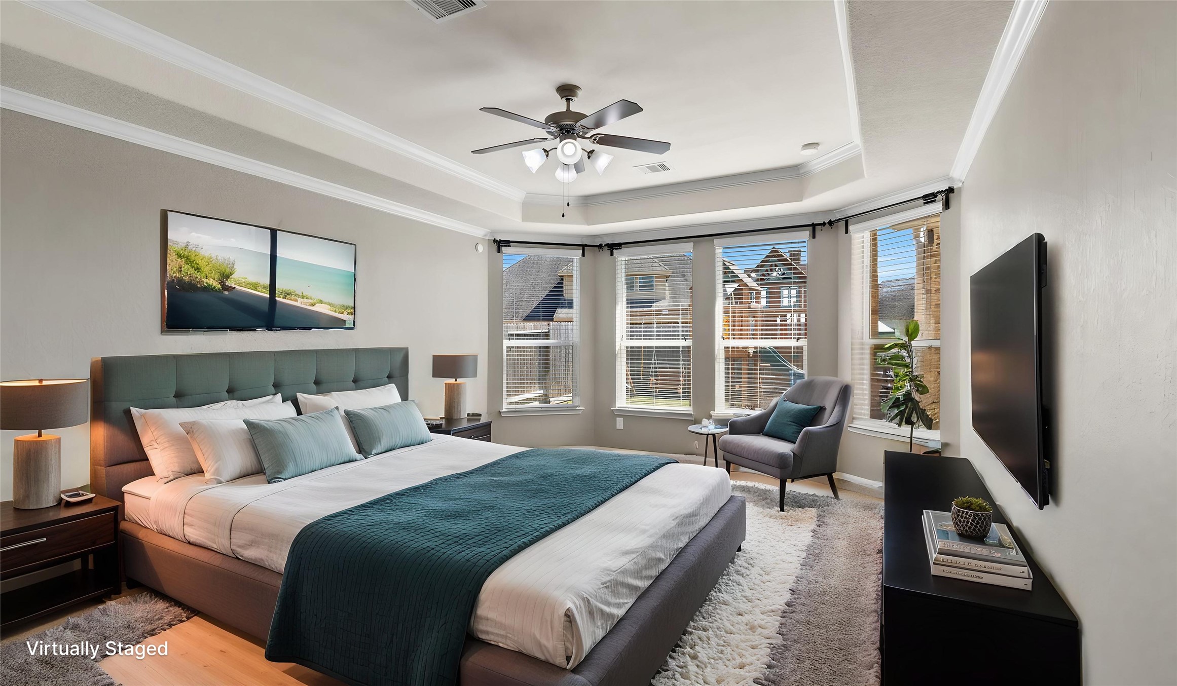 An AI staged room that provides an exceptional perspective of how you might want to place your own furniture.