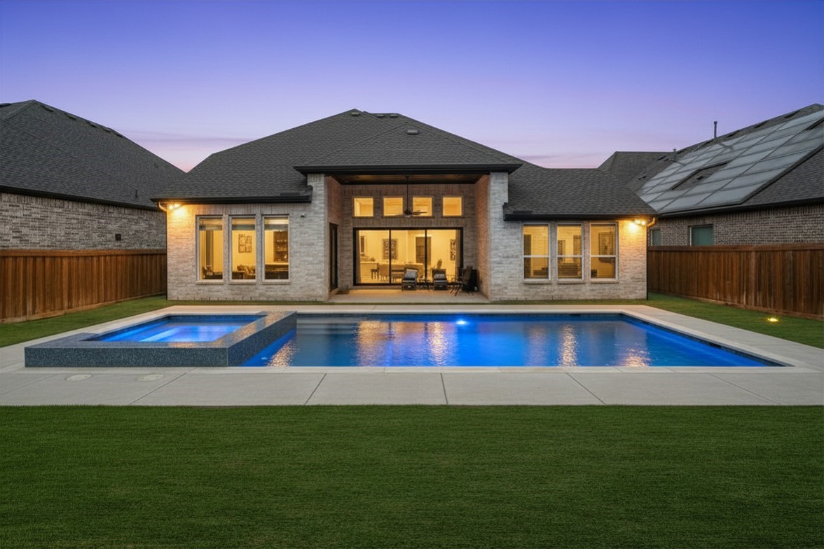 The oversized backyard offers ample space for a custom pool and spa, creating the perfect opportunity to design your own private outdoor retreat. This is a digitally create image.