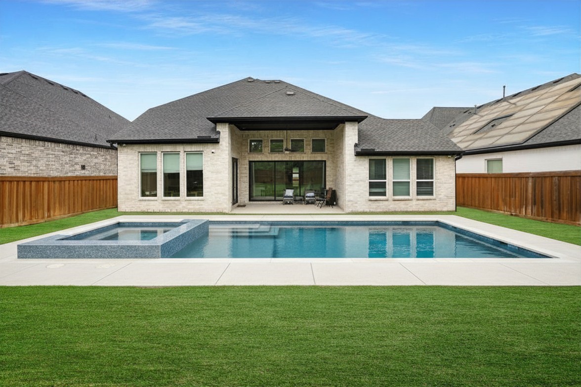 The oversized backyard offers ample space for a custom pool and spa, creating the perfect opportunity to design your own private outdoor retreat. This is a digitally create image.