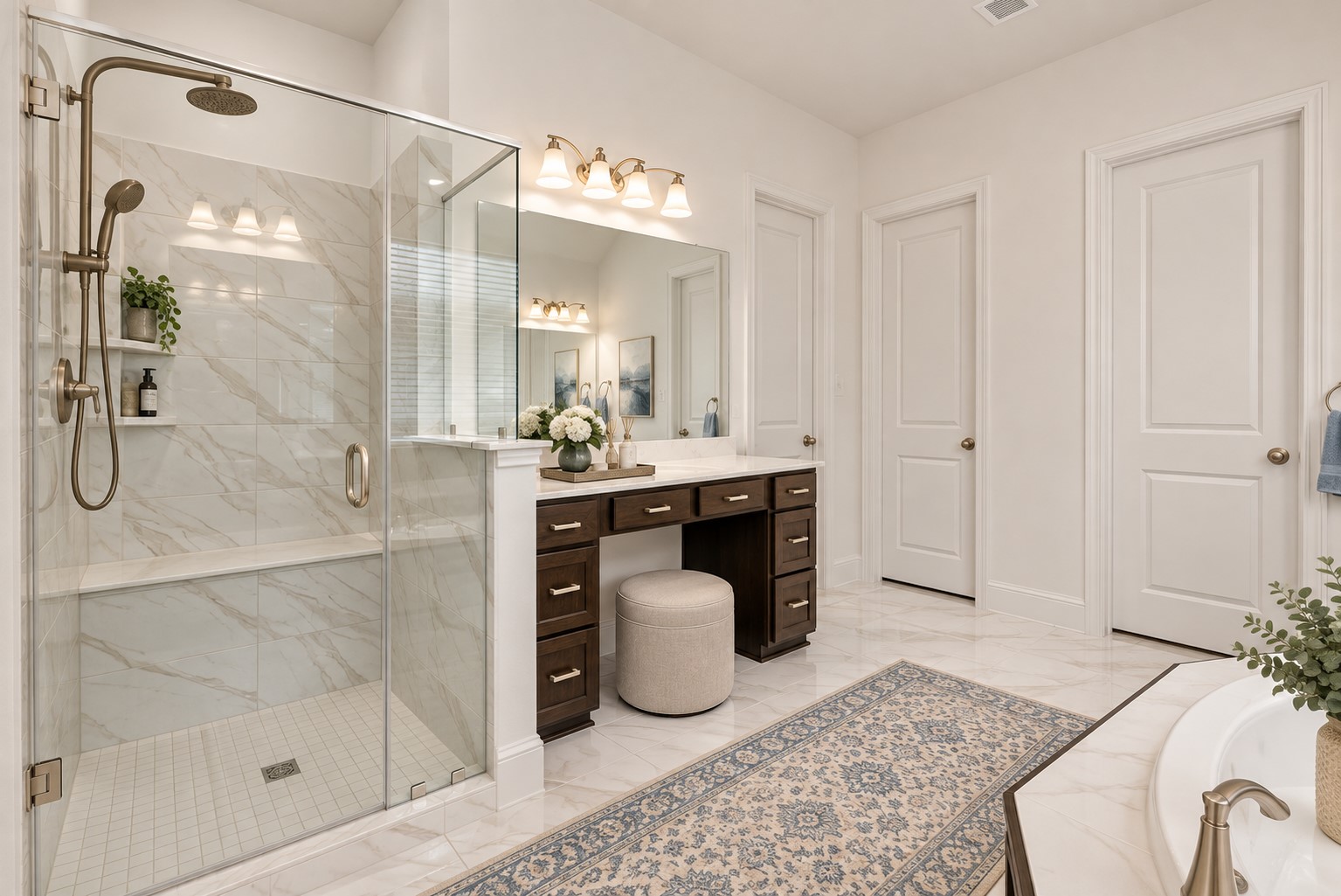 he secluded primary retreat boasts a spa-inspired en-suite bath with dual vanities, soaking tub, walk-in shower, and generous walk-in closet.