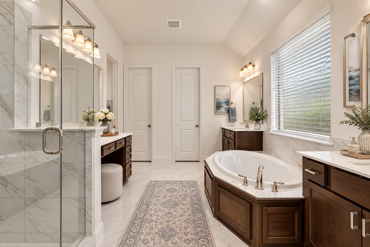 he secluded primary retreat boasts a spa-inspired en-suite bath with dual vanities, soaking tub, walk-in shower, and generous walk-in closet.