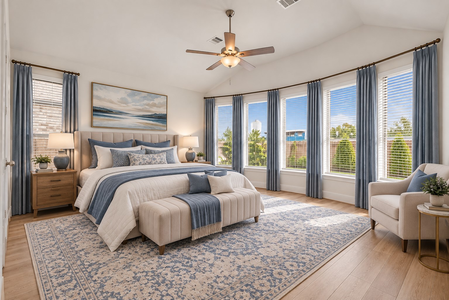 he secluded primary retreat boasts a spa-inspired en-suite bath with dual vanities, soaking tub, walk-in shower, and generous walk-in closet.