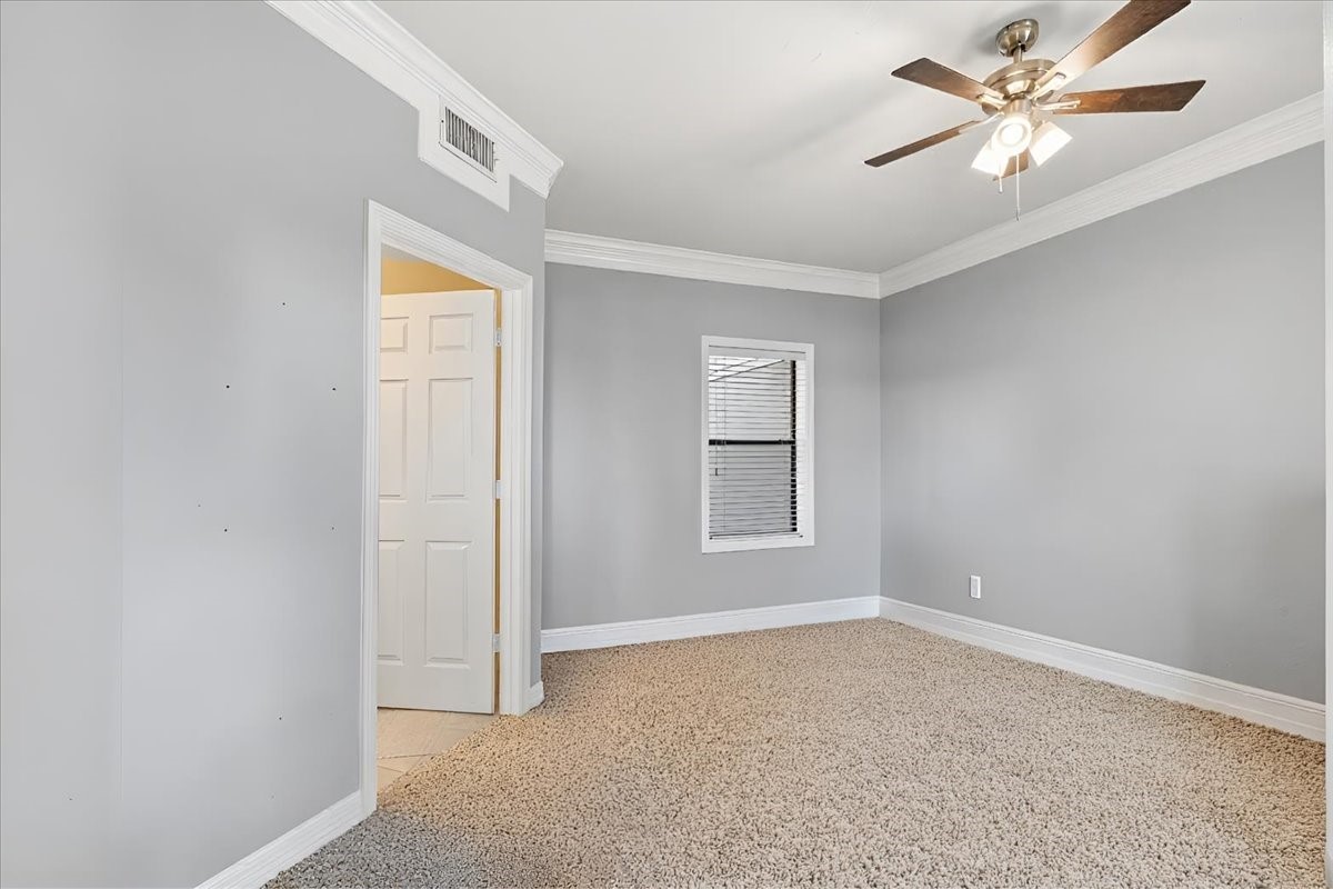 Primary bedroom has ceiling fan and is flooded with light