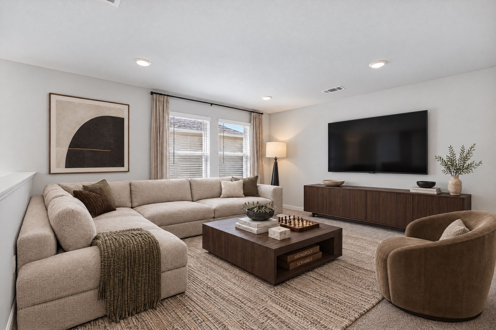 FLEX ROOM - The upstairs game room gives you a second living space with plush carpet, recessed lighting, and two windows. Its a great spot for movie nights.