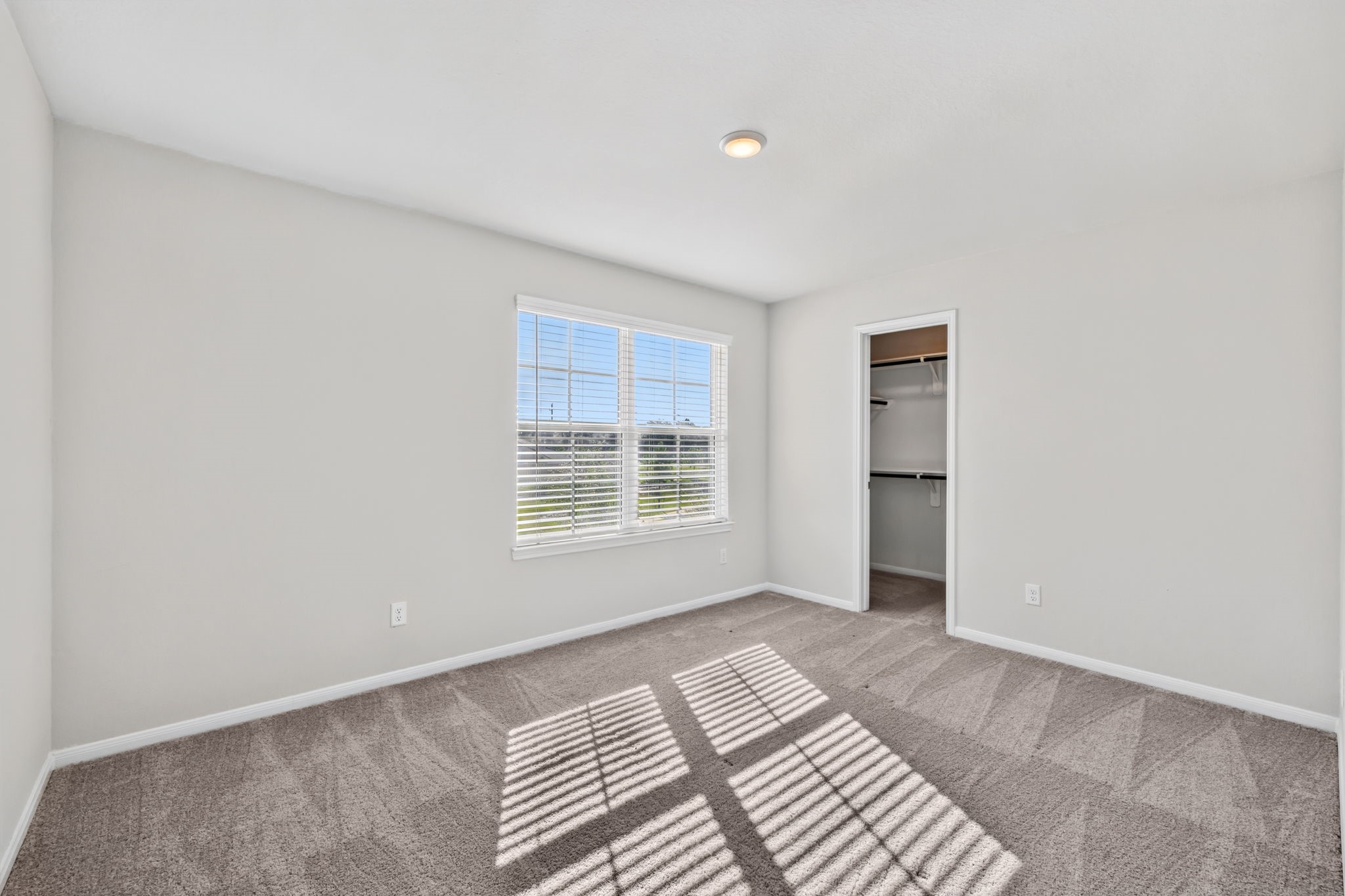 SECOND BEDROOM -  A bright secondary bedroom with plush carpet, a large window, and a walk-in closet.