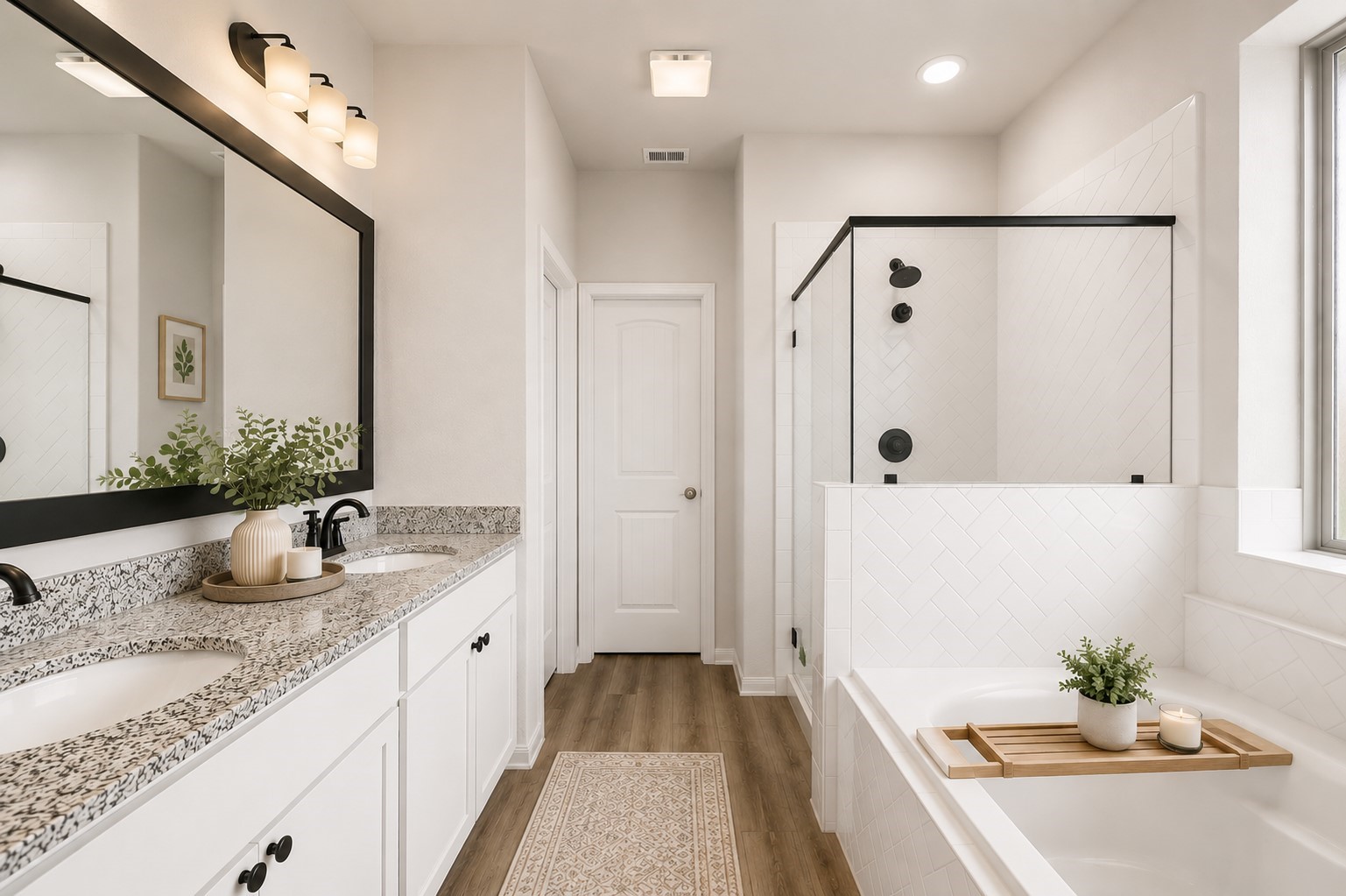 Primary bathroom showcases granite countertops, a sleek glass-enclosed shower, and a relaxing bathtub with modern fixtures.
