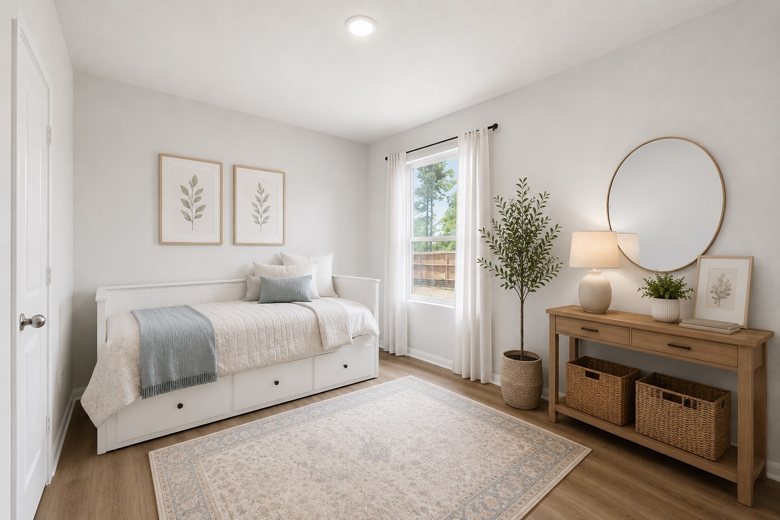 Bright and inviting 3rd bedroom on the 1st floor with a cozy daybed, and natural light streaming through a large window, creating a serene atmosphere. *Virtually staged
