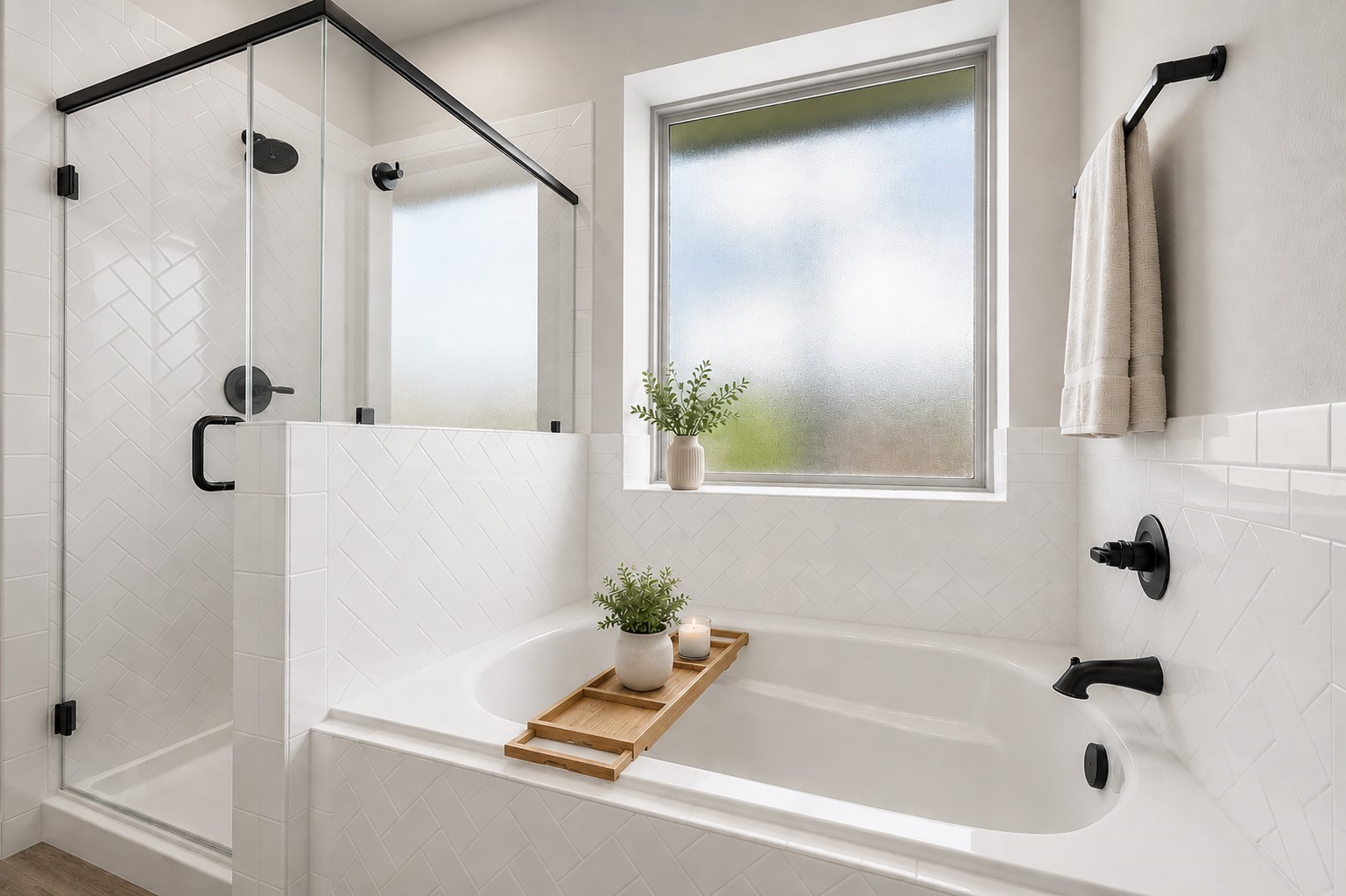 Spacious shower and soaking tub
