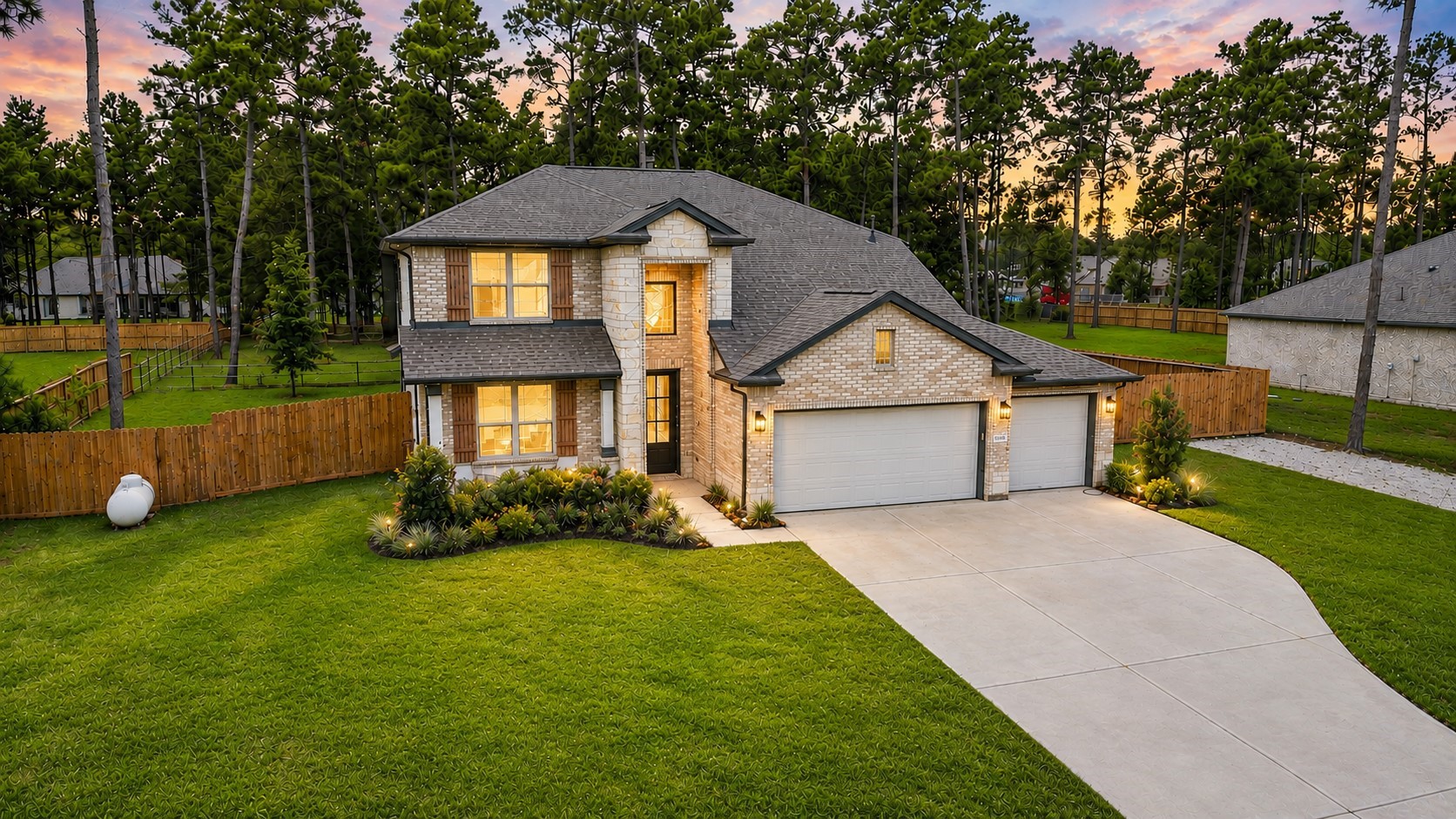 Stunning two-story home with a spacious driveway and three-car garage, nestled amidst lush greenery and mature trees, offering privacy and tranquility. Stunning two-story home with a spacious driveway and three-car garage, nestled amidst lush greenery and mature trees, offering privacy and tranquility.