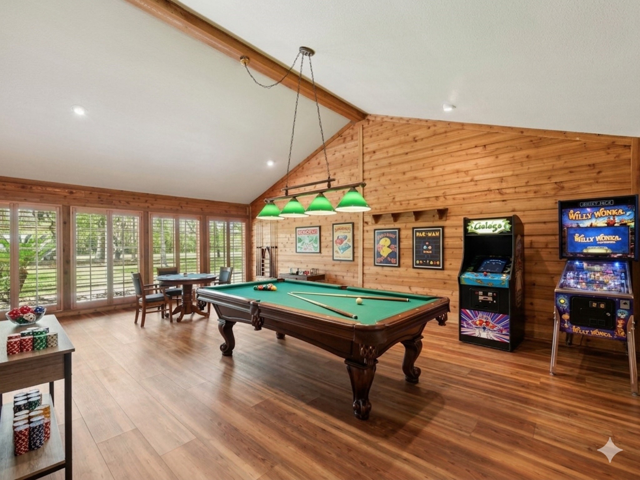 This wonderful Game Room has a beautiful wall-of-windows and is air conditioned.