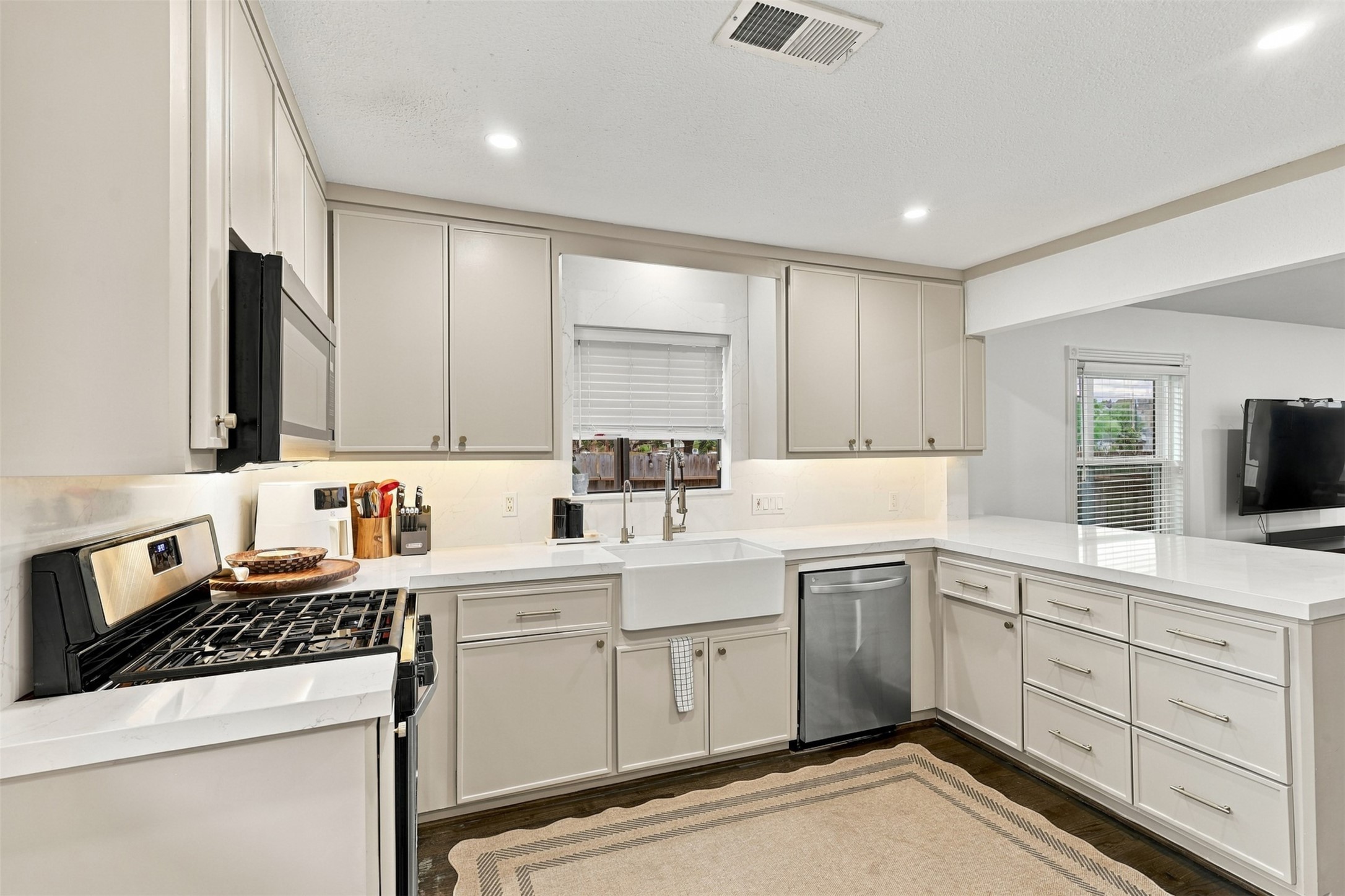 Elegant kitchen featuring sleek cabinetry, stainless steel appliances, and a spacious farmhouse sink, all complemented by a bright, open layout.