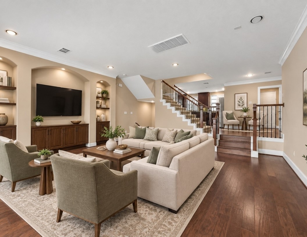 Virtually Staged for Suggestion - The living area is open to the kitchen and the eating area.