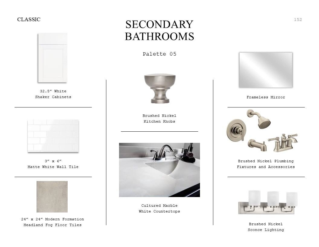 Classic Look Palette 5: Secondary Bathrooms Selection Sheet (*Artist rendering used for illustration purposes only.)