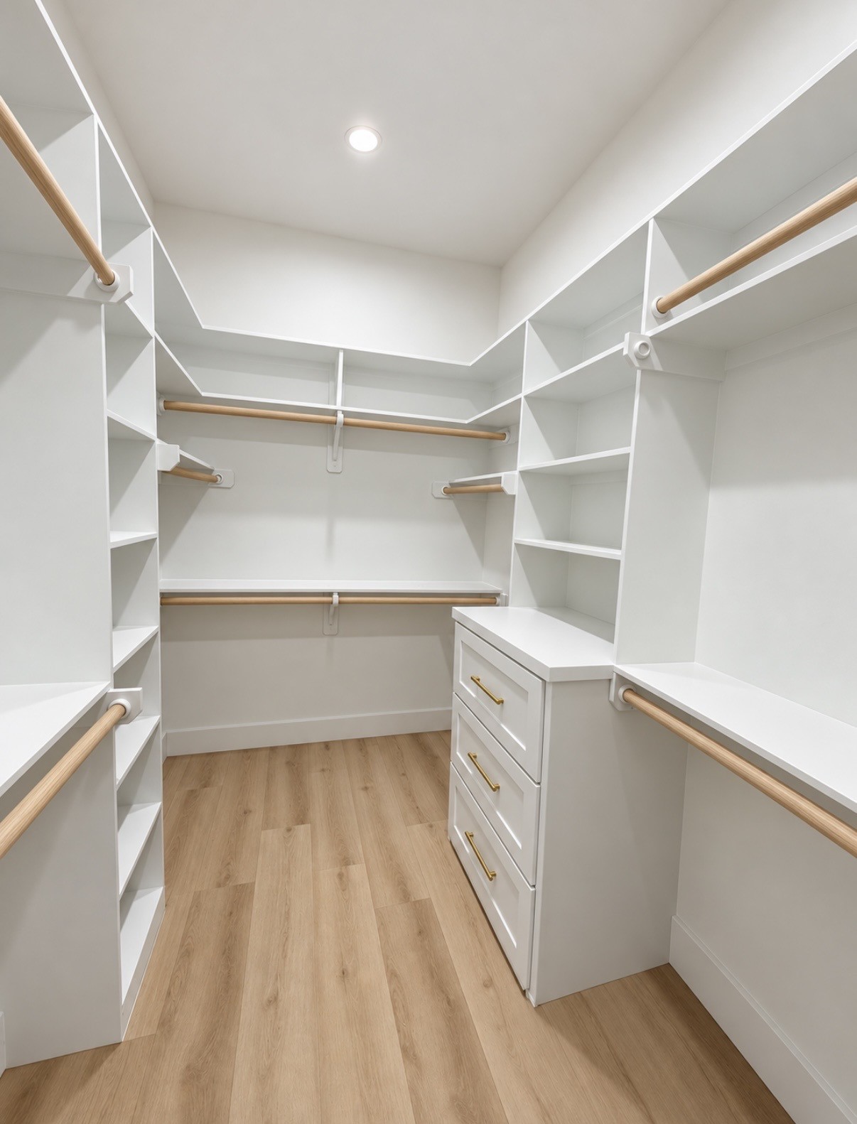 Large walk-in primary closet equipped with custom cabinetry to maximize space.