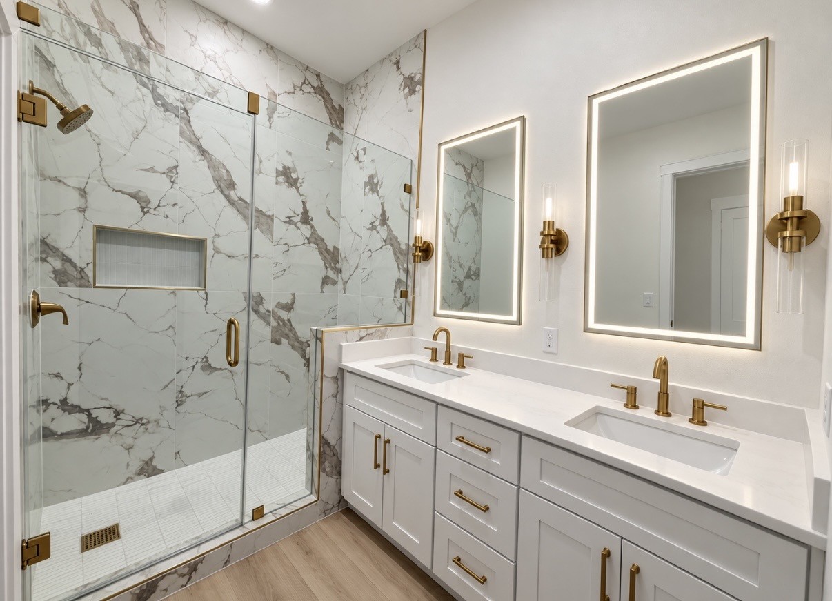 Luxurious primary suite bathroom featuring a spacious walk-in shower with elegant gold fixtures, dual vanities, and LED mirrors, creating a sophisticated spa-like retreat.