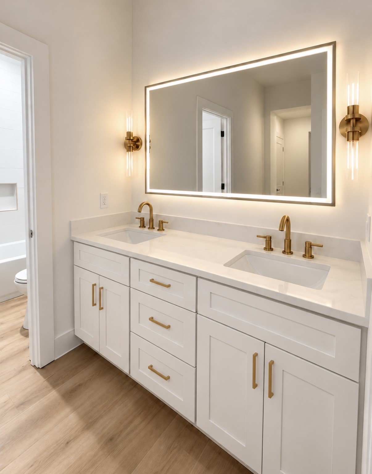 Second full bathroom offers double vanities and sophisticated LED mirror.