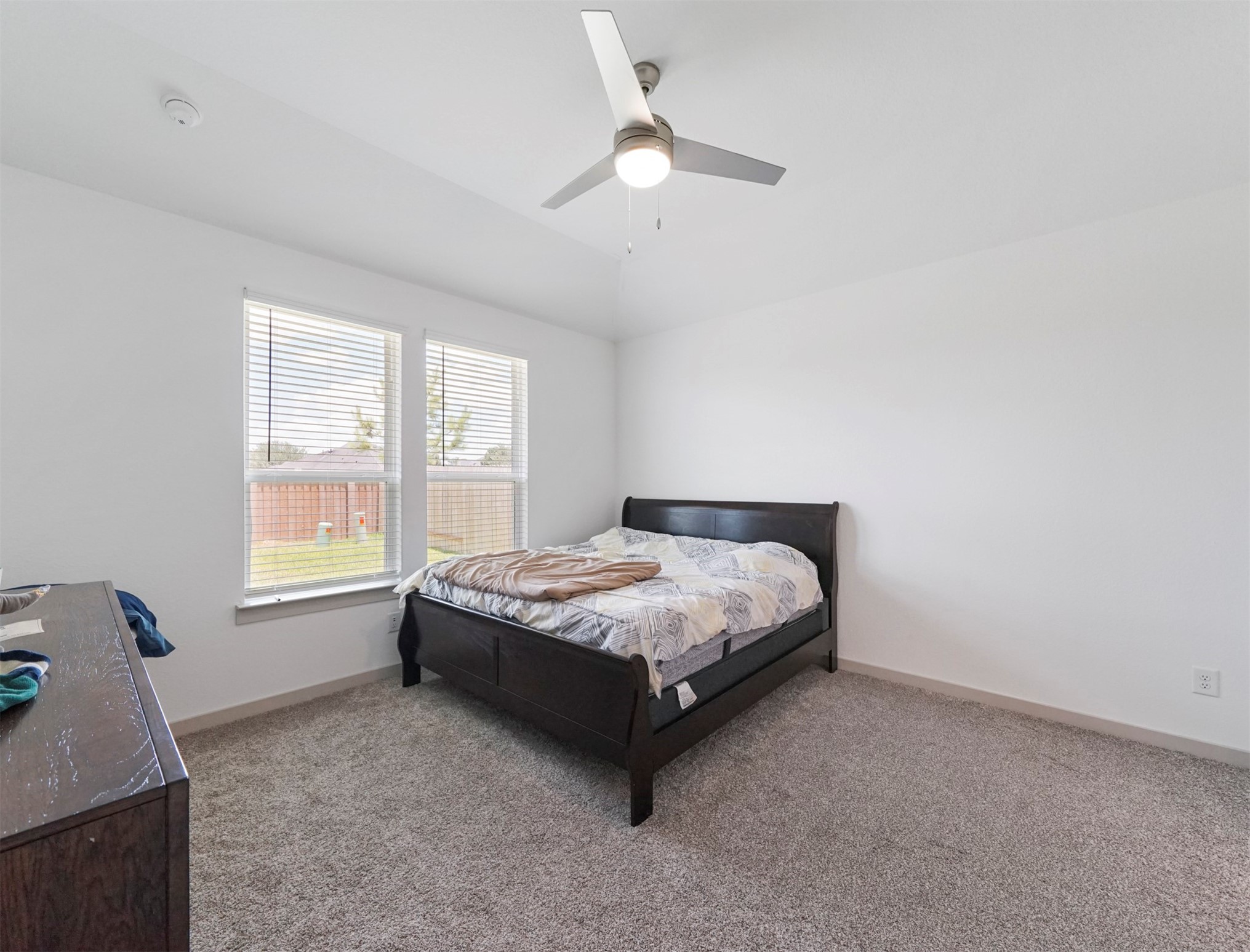 The primary bedroom features plush carpet, a ceiling fan with light, and a pair of windows overlooking the backyard.