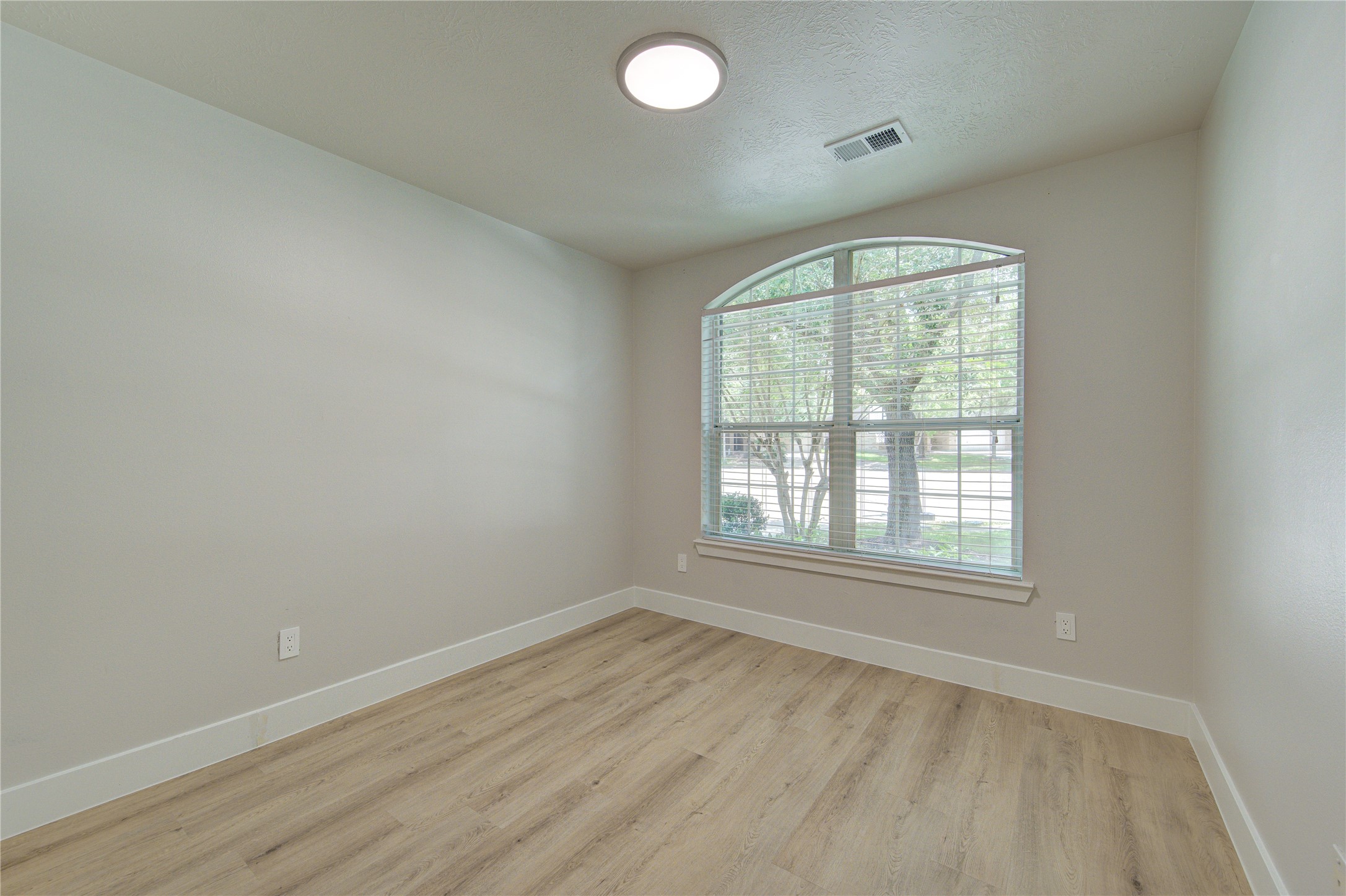 Large front-facing bedroom filled with natural light from an oversized arched window creating a bright and inviting space
