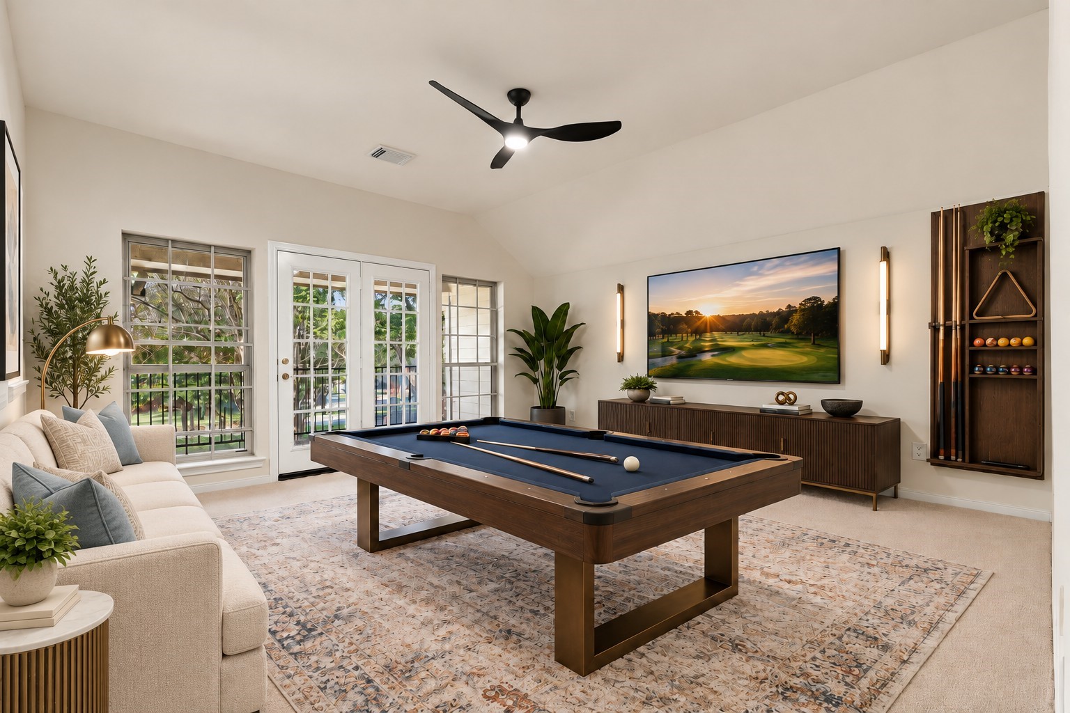 Virtually staged game room.