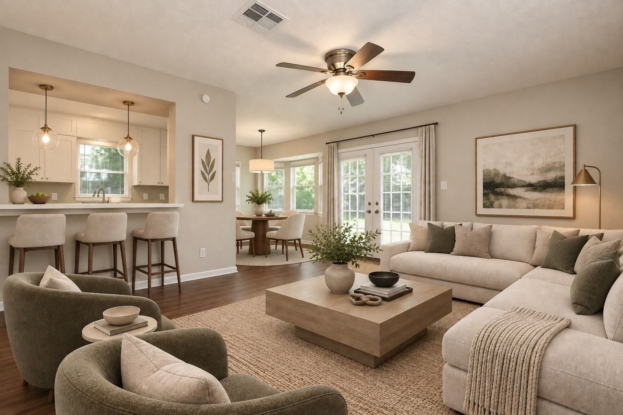 What an amazing room! Imagine yourself sitting in this living area with your favorite book or enjoying coffee & breakfast at the table. Room virtually staged.