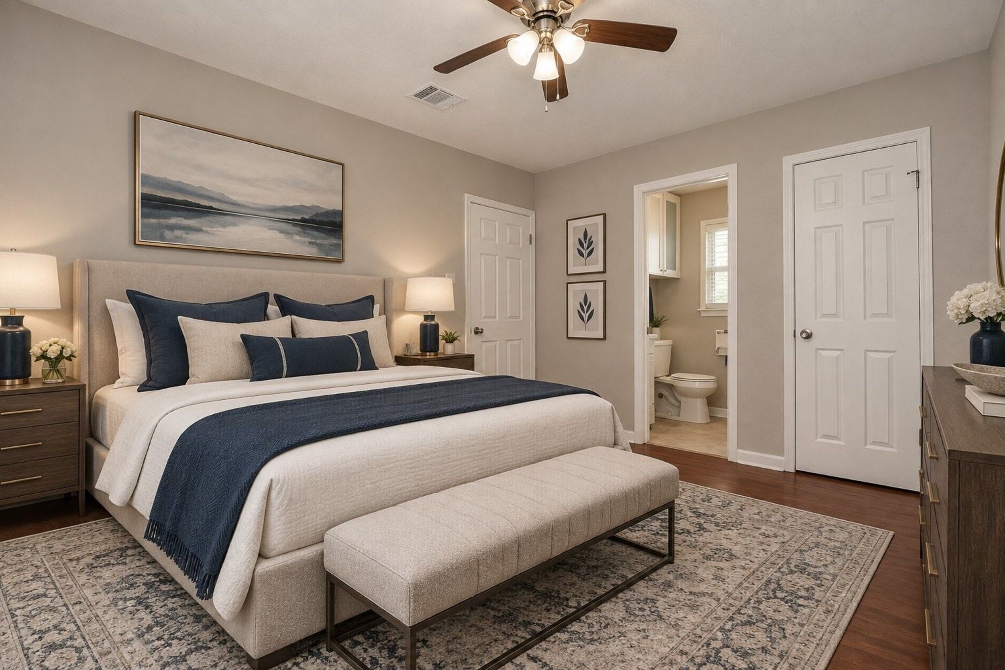 Primary Bedroom reimagined to what you can begin to enjoy.  Virtually staged.
