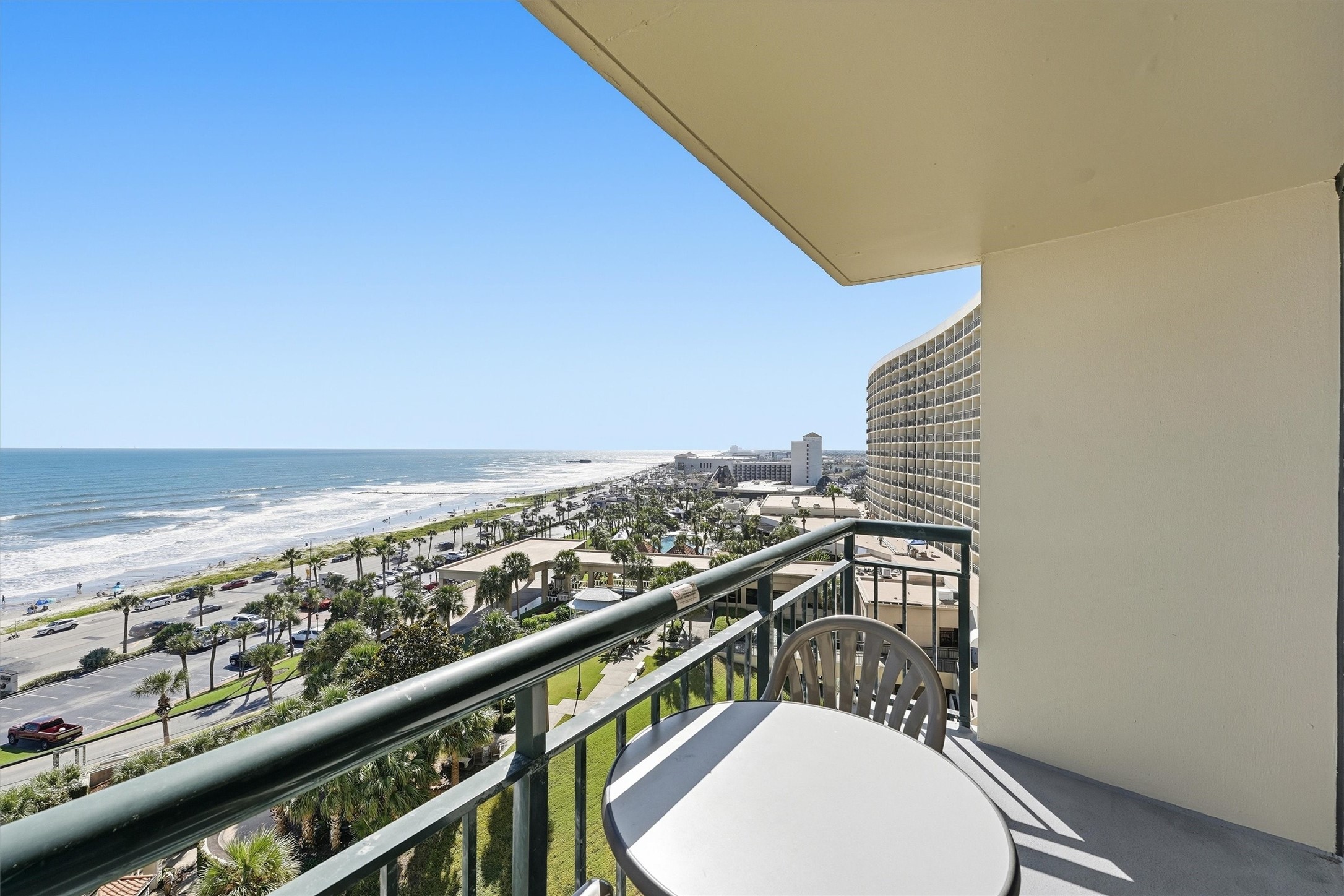 Enjoy a shaded outdoor retreat with beautiful views stretching along Galvestons coastline.