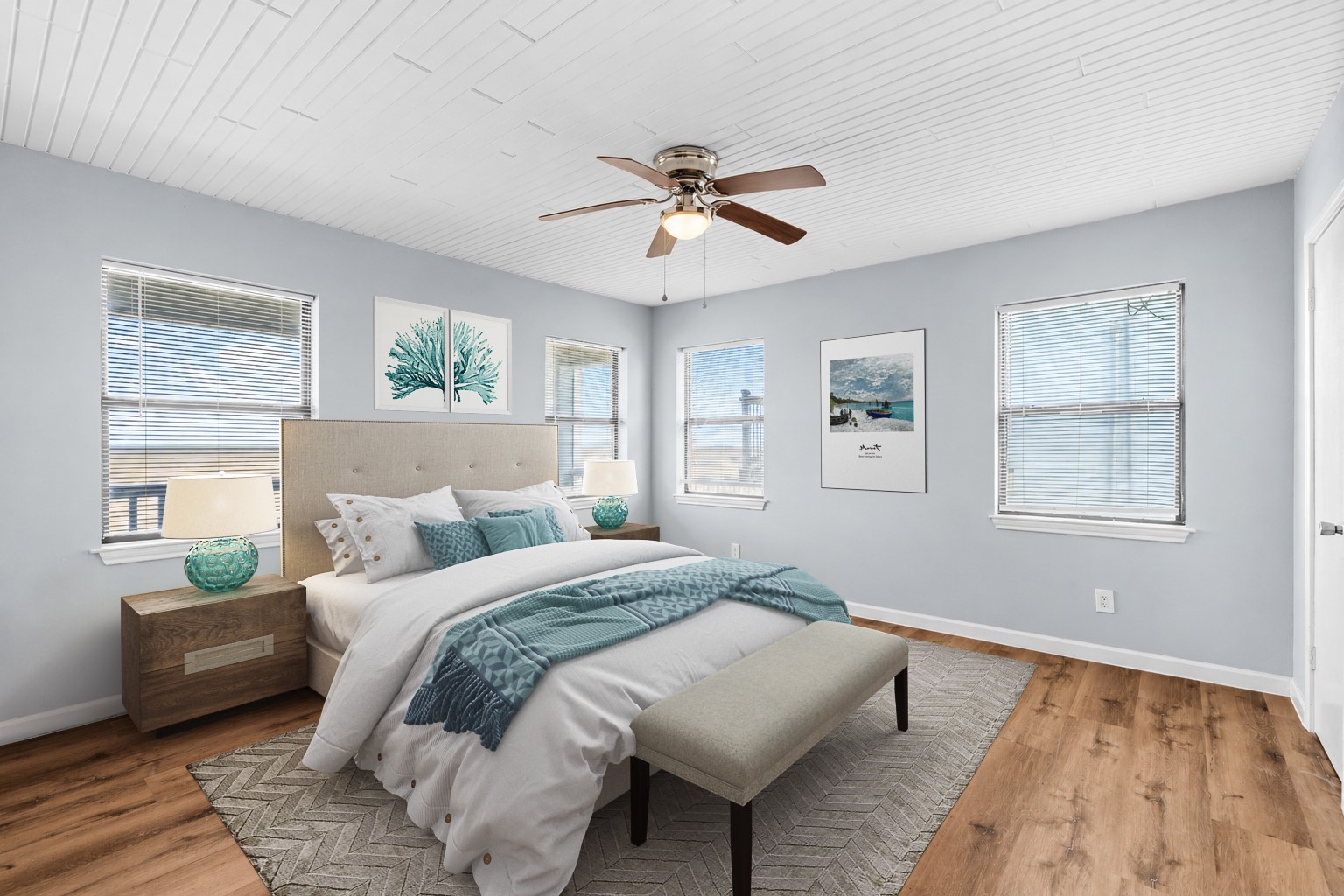 Generous proportions and a clean, understated design create a primary bedroom that's both comfortable and highly adaptable.