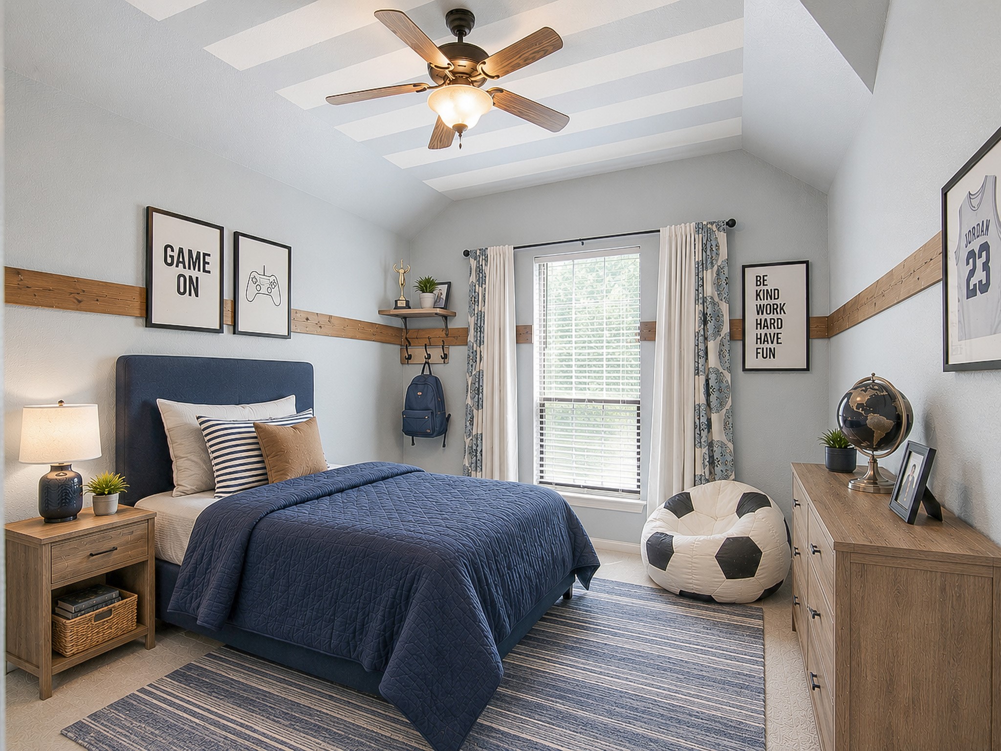 Virtually staged, bedroom features, vaulted ceiling with custom painted detail and decorative wood accents adding character and style to this secondary bedroom.