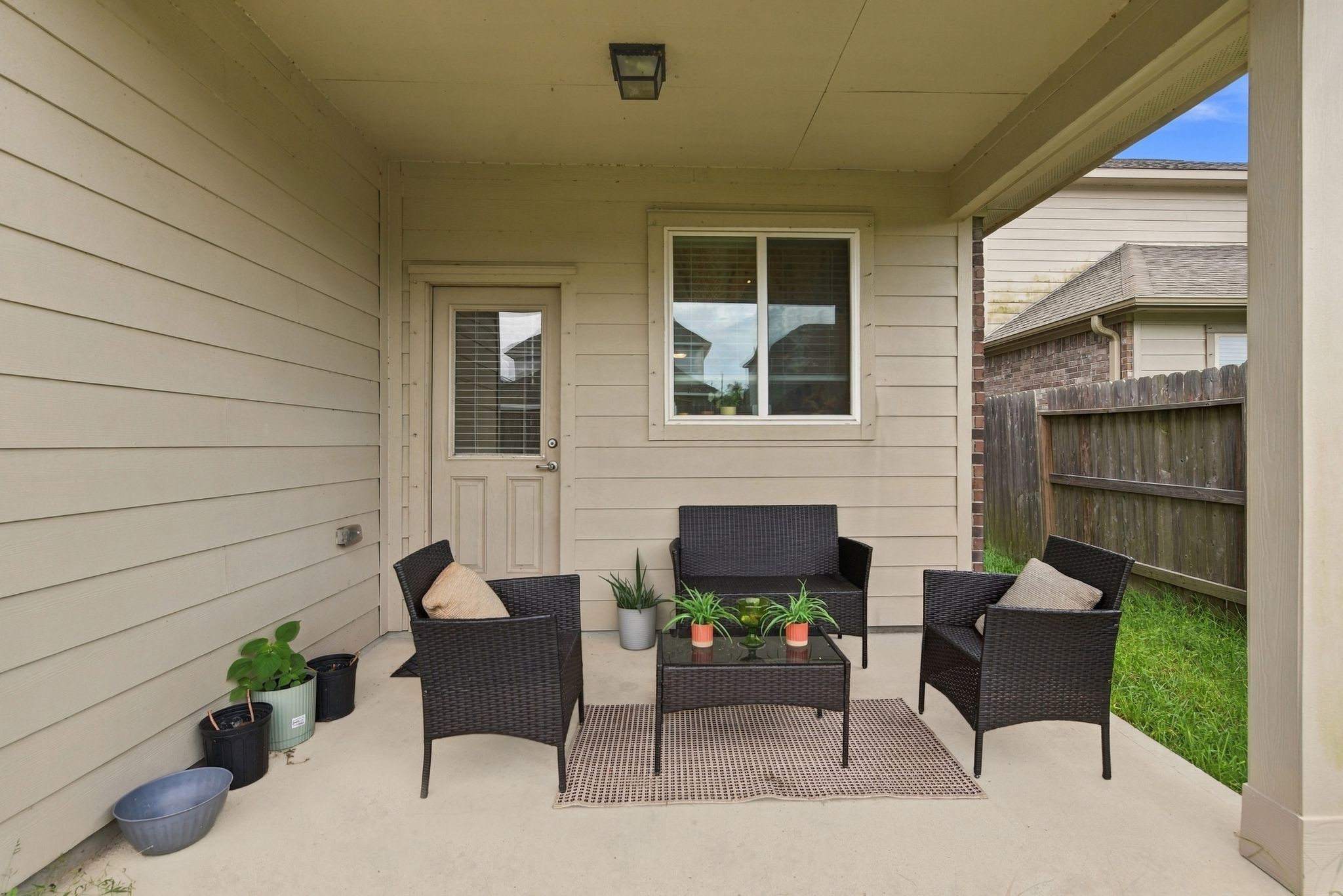 Covered patio for relaxing or entertaining.