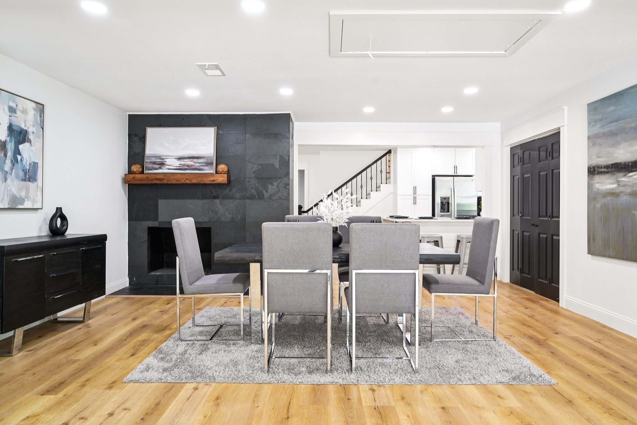 Dining (Down) with/ Beautiful Slate Fireplace!