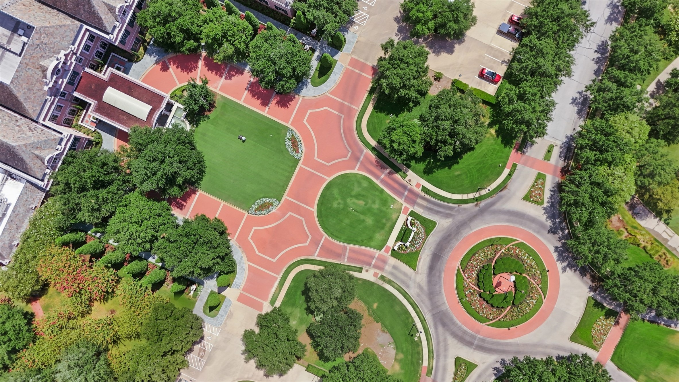 Aerial view of meticulously maintained grounds.