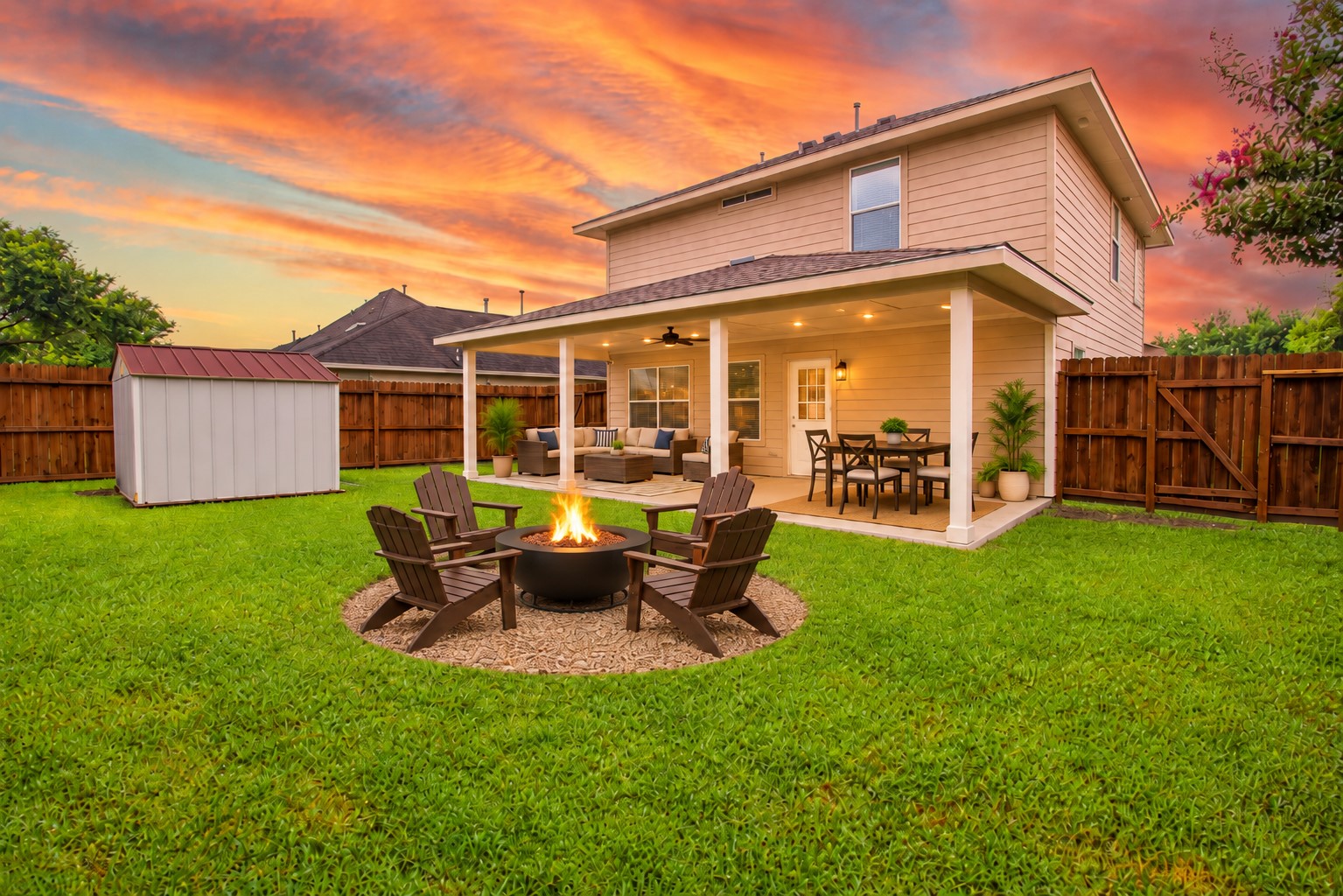 Virtually Staged Enjoy outdoor living in this spacious, fully fenced backyard featuring a large 12 x30 covered patio, perfect for entertaining, relaxing, or dining outdoors year round. The expansive lawn offers plenty of room for children, pets, gardening, or future outdoor amenities. A 8x 10 storage shed provides convenient space for lawn equipment and seasonal items.