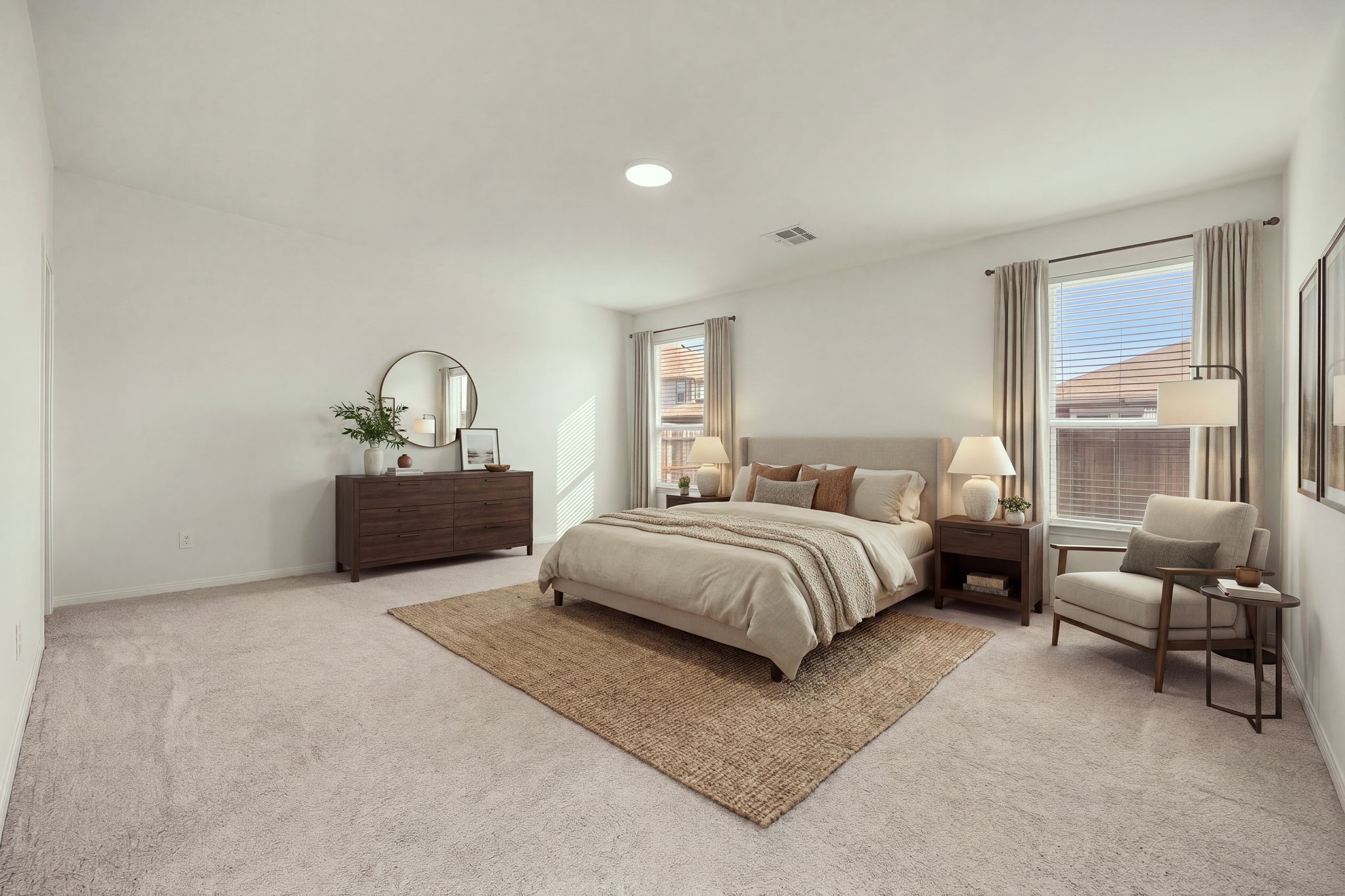 Ultimate comfort awaits in the generously sized primary bedroom. Highlighted by high ceilings and modern recessed lighting, the versatile layout leaves plenty of room for an additional seating area, a reading nook, or extra storage configurations, creating a serene and functional escape at the end of the day. *Virtually Staged