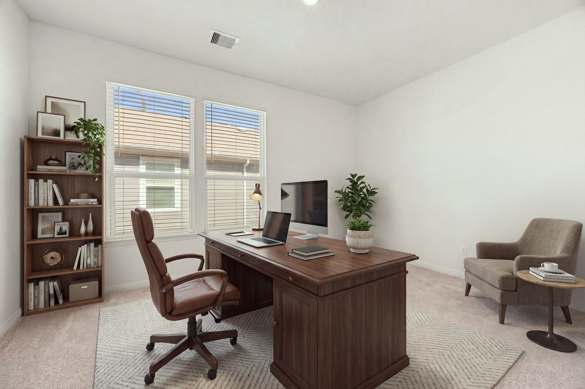 A fantastic bonus! This additional living space or den offers an abundance of flexibility to suit your lifestyle. Featuring double windows that stream in natural light, plush neutral carpeting, and high ceilings, it serves perfectly as an office (pictured here), media room, play space, or second family room. *Virtually Staged