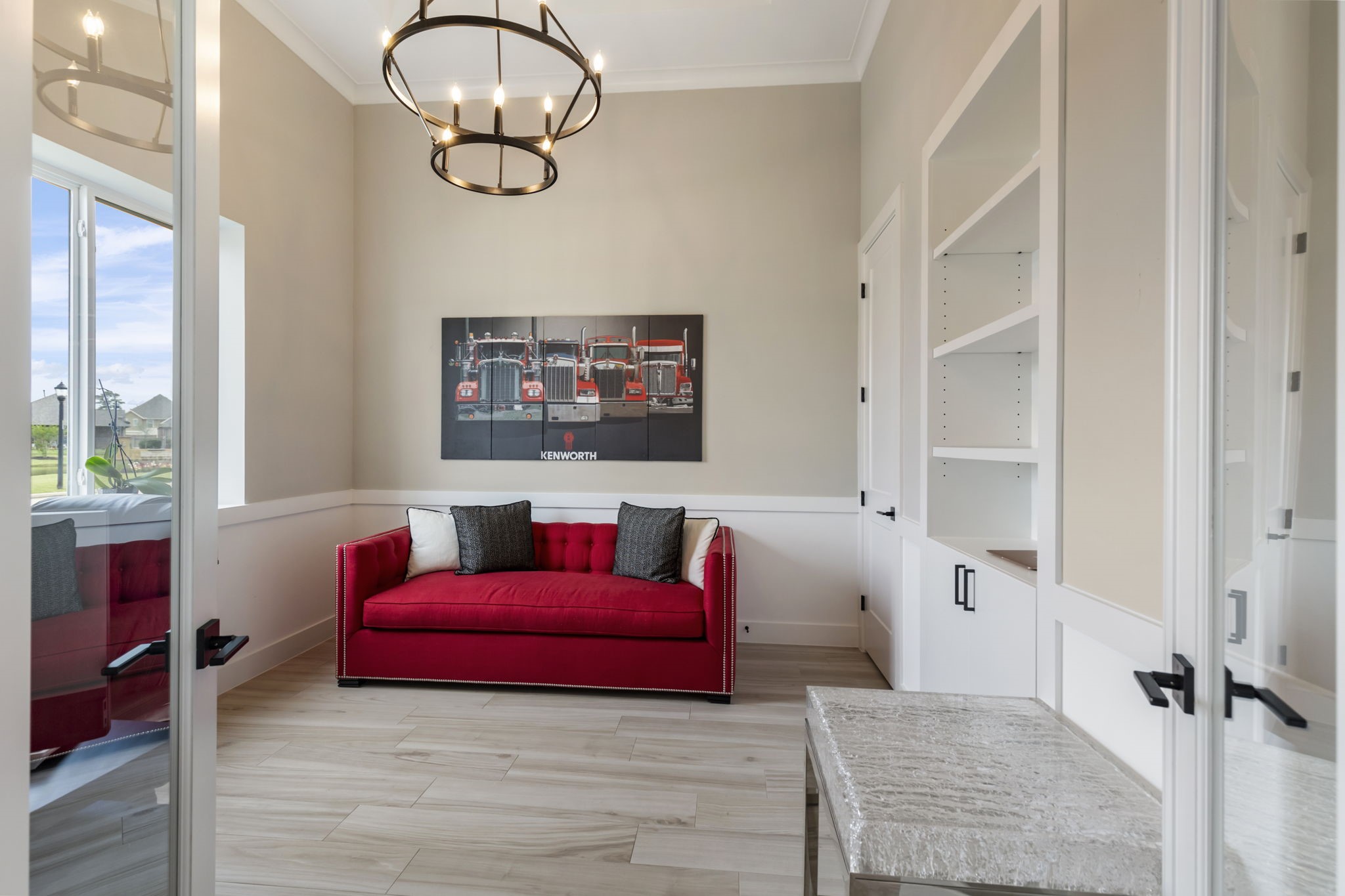 The study has built-ins and high ceilings. The study has built-ins and high ceilings.
