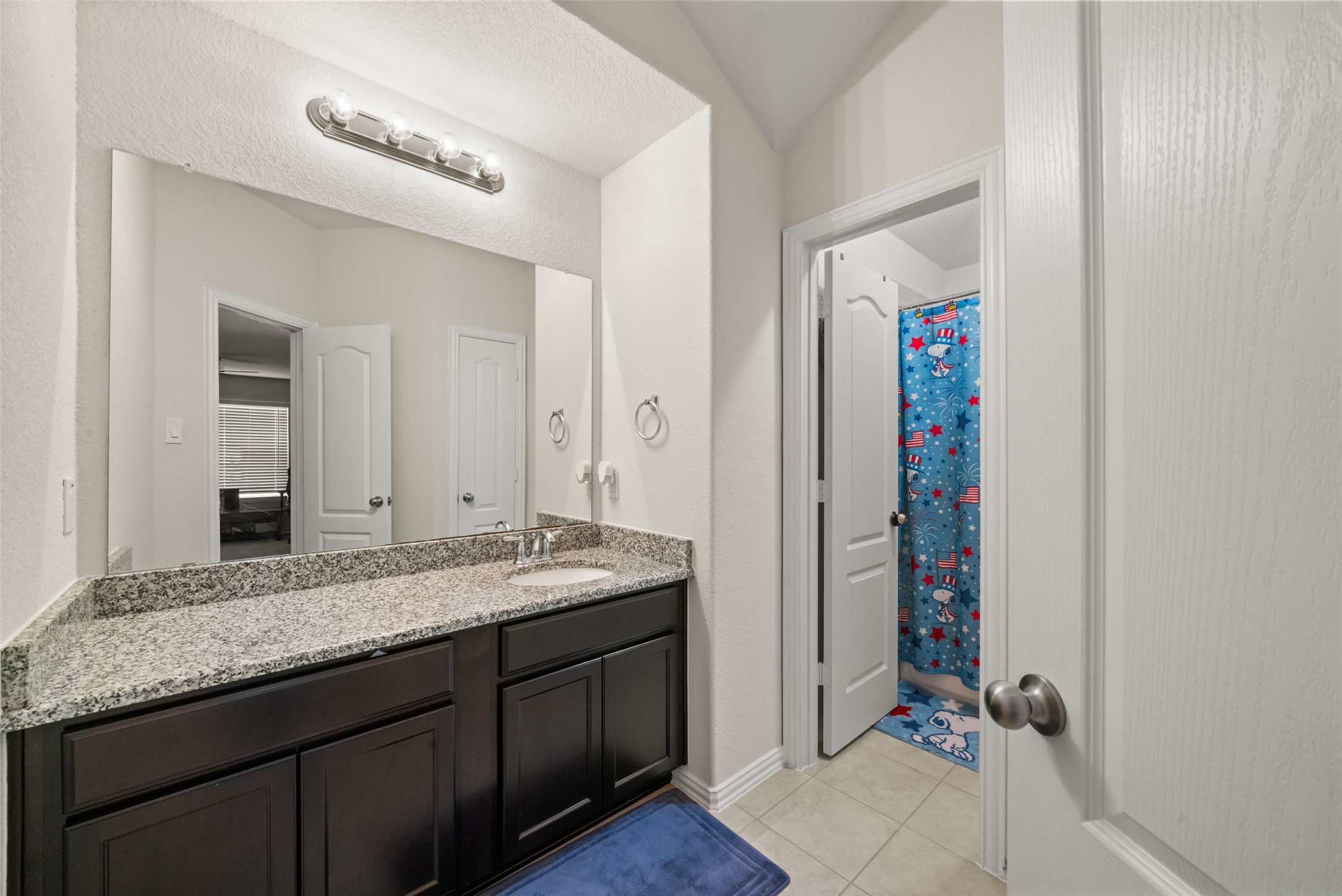 Elegant bathroom featuring a granite countertop, dark wood cabinetry, and a spacious mirror, leading to a charming shower area.