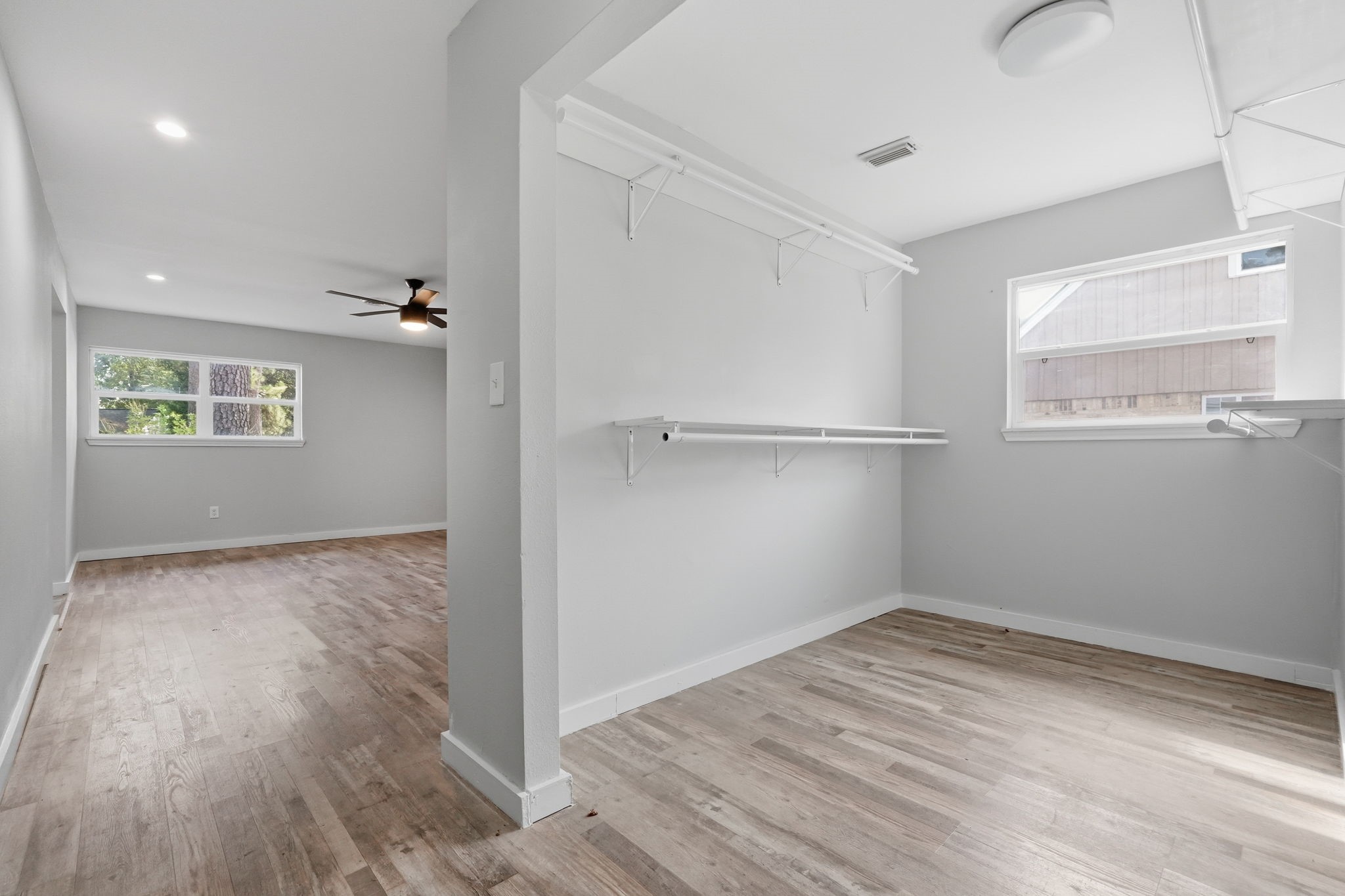 The primary bedroom connects seemlessly to the spacious, walk in closet.