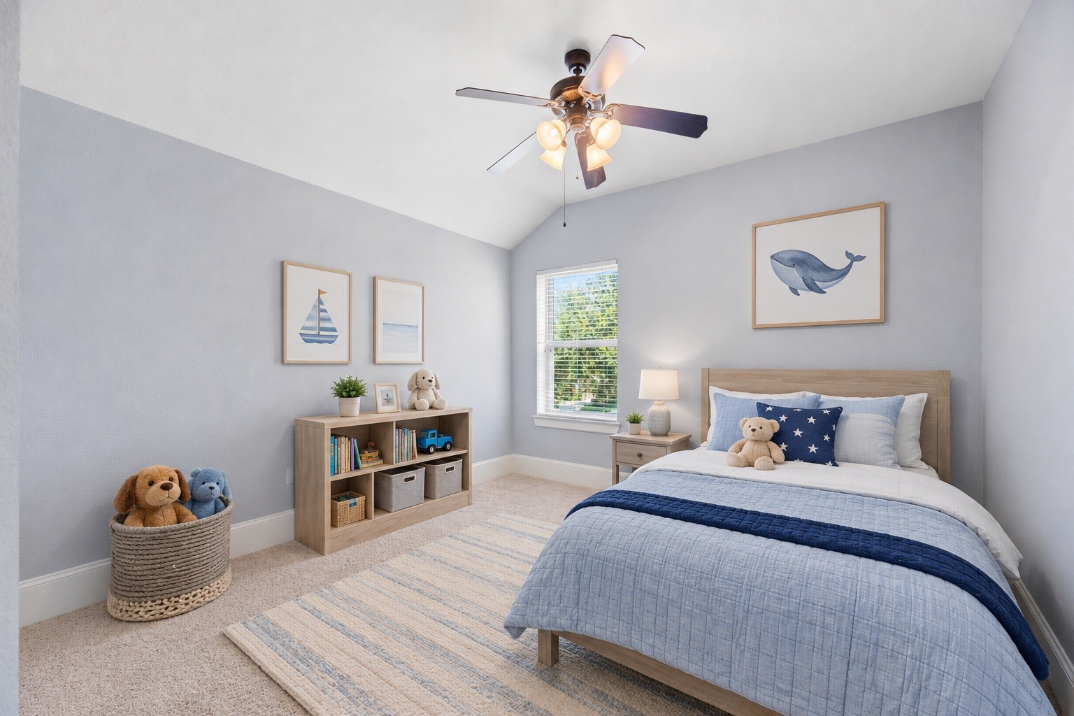 *virtually staged* secondary bedroom complete with a walk-in closet, ceiling fan, plush carpet.