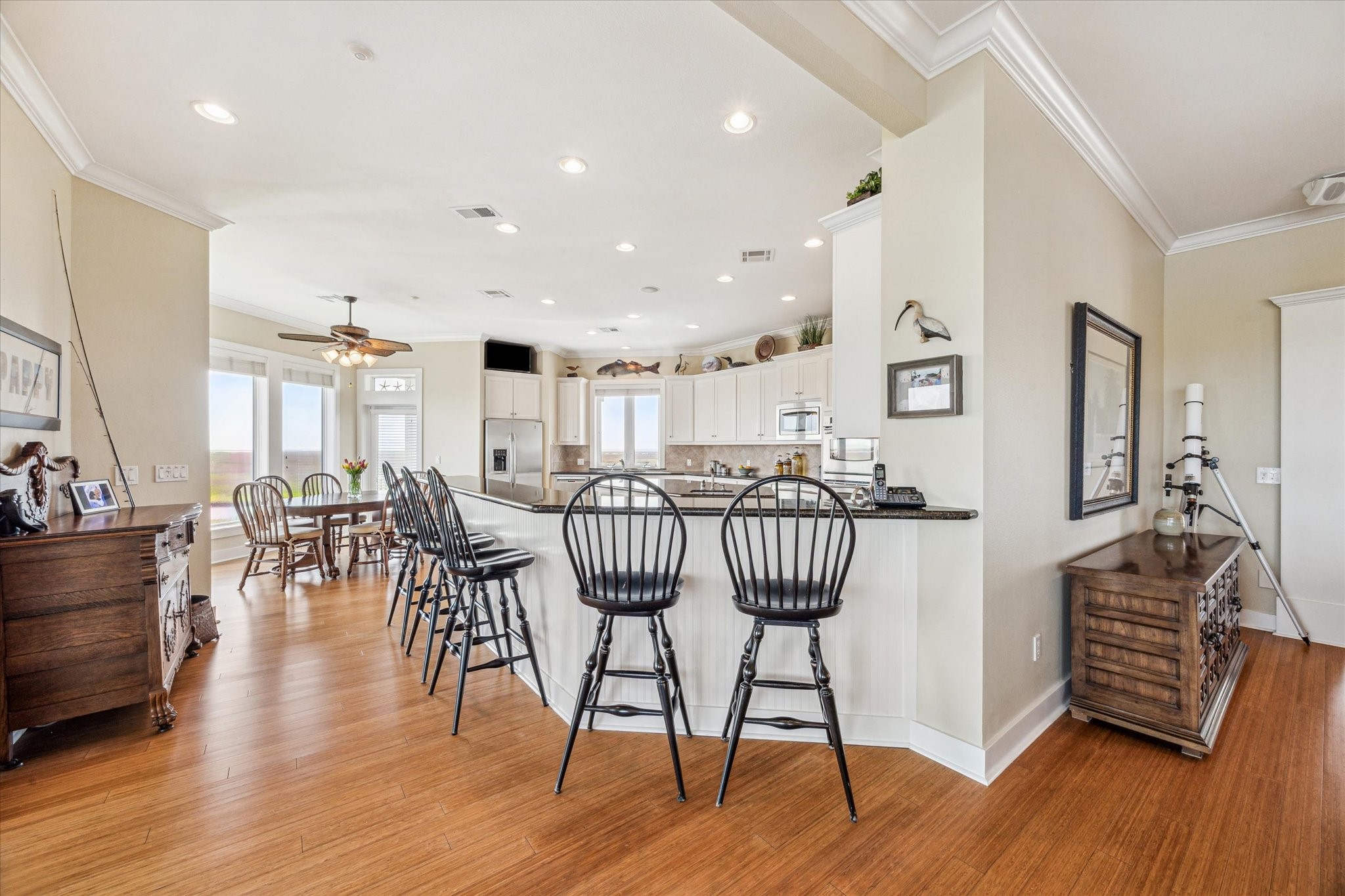 The extended breakfast bar offers comfortable seating for five or more