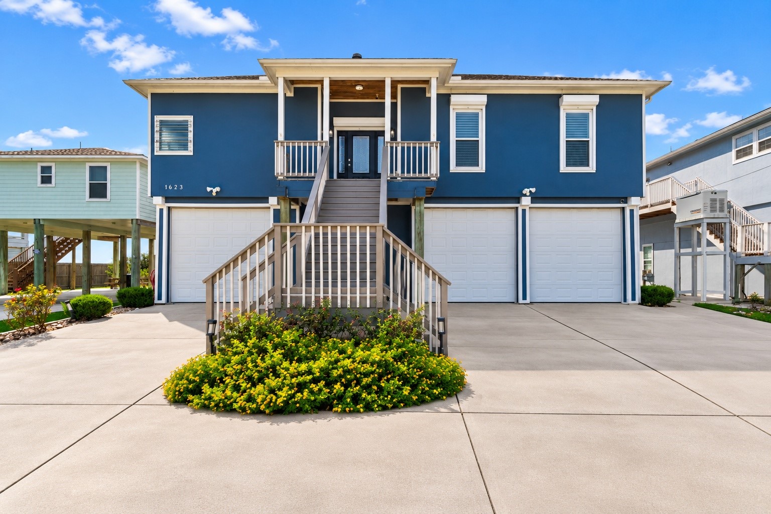 Welcome to 1623 Dick Bay Drive, Dickinson, Texas, 77539! A welcoming elevated coastal home with a spacious driveway, oversized garage, and beautifully maintained landscaping. Soft exterior lighting creates an inviting first impression. Welcome to 1623 Dick Bay Drive, Dickinson, Texas, 77539! A welcoming elevated coastal home with a spacious driveway, oversized garage, and beautifully maintained landscaping. Soft exterior lighting creates an inviting first impression.