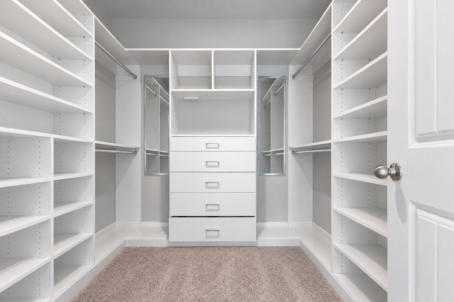 The primary walk-in closet has white built-in shelving, hanging rods at multiple heights, a bank of drawers in the center and spaces for shoes and handbags. The layout makes it easy to organize an entire wardrobe in one place. Carpet and good lighting make it comfortable to use every morning. A closet this well designed saves you the cost and trouble of adding a custom organizer. Photo has been digitally decluttered.